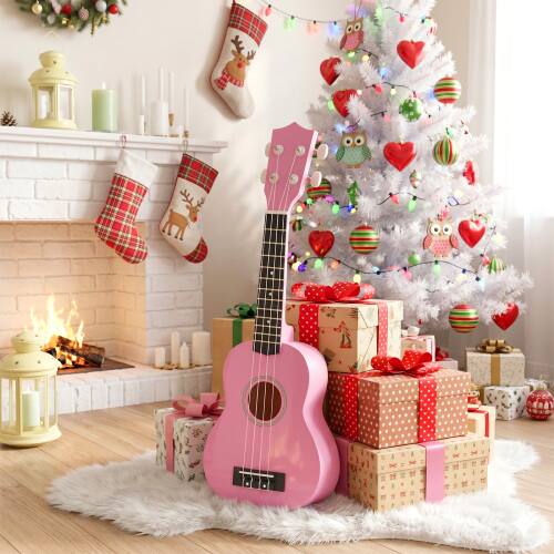 Alt View 3. Winado - 21" Basswood 4-String Soprano Ukulele Kit  Includes Gig Bag, Strap, Picks, Strings and Cleaning Cloth - Pink.