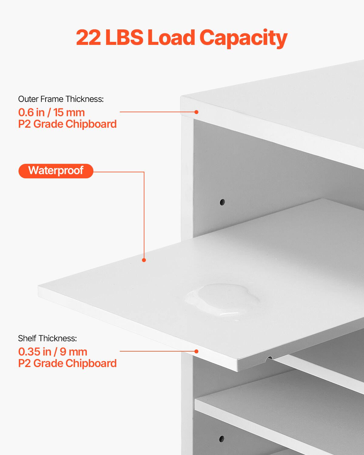 22 LBS Load Capacity

Outer Frame Thickness:  
0.6 in / 15 mm  
P2 Grade Chipboard

Waterproof

Shelf Thickness:  
0.35 in / 9 mm  
P2 Grade Chipboard
