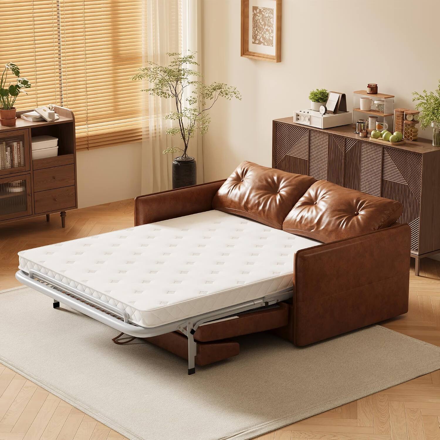 Alt View 4. luck idea - 63" Modern Sleeper Sofa Bed, Oil Wax Leather Couch with High-Density Foam Cushions (Mattress Included) - brown.