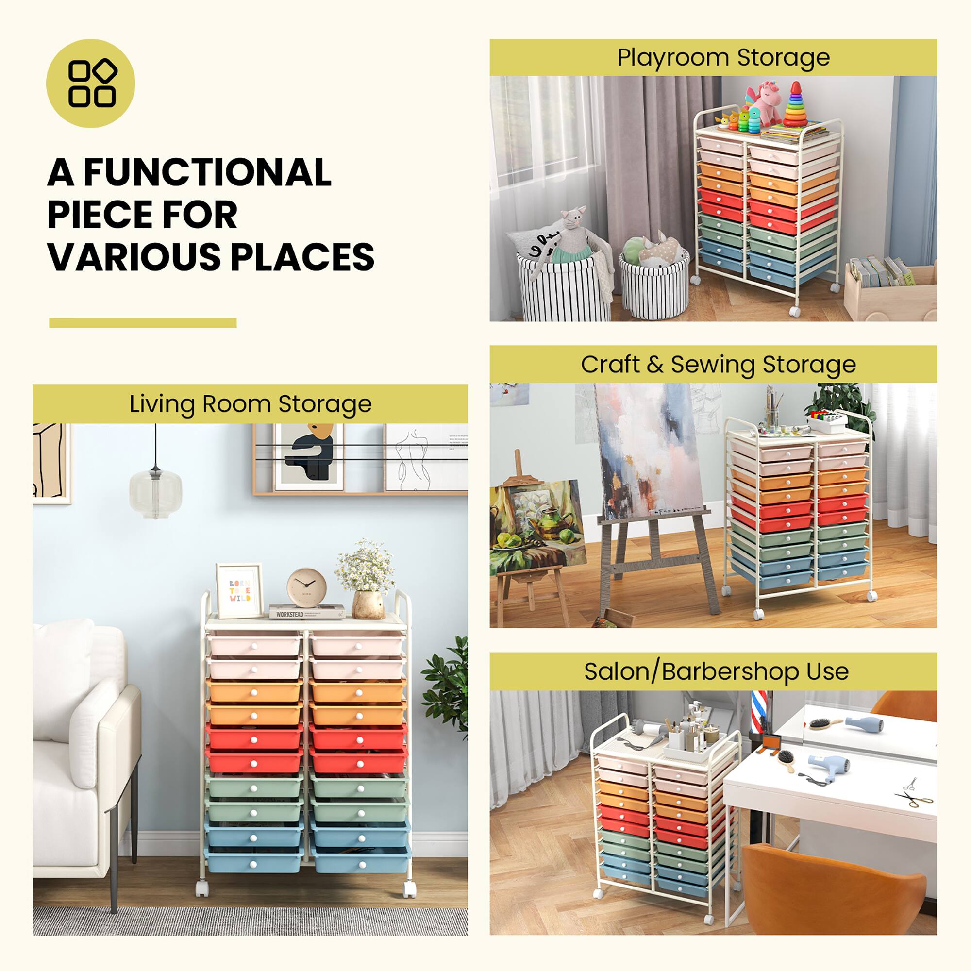 A FUNCTIONAL PIECE FOR VARIOUS PLACES

Living Room Storage

Playroom Storage

Craft & Sewing Storage

Salon/Barbershop Use