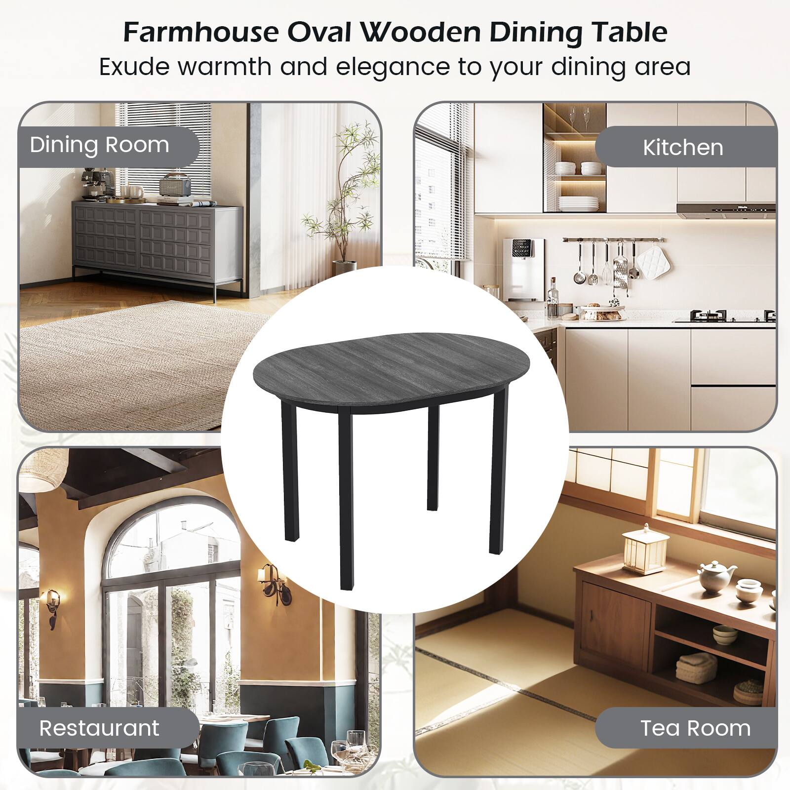 Farmhouse Oval Wooden Dining Table  
Exude warmth and elegance to your dining area  

Dining Room  
Kitchen  
Restaurant  
Tea Room