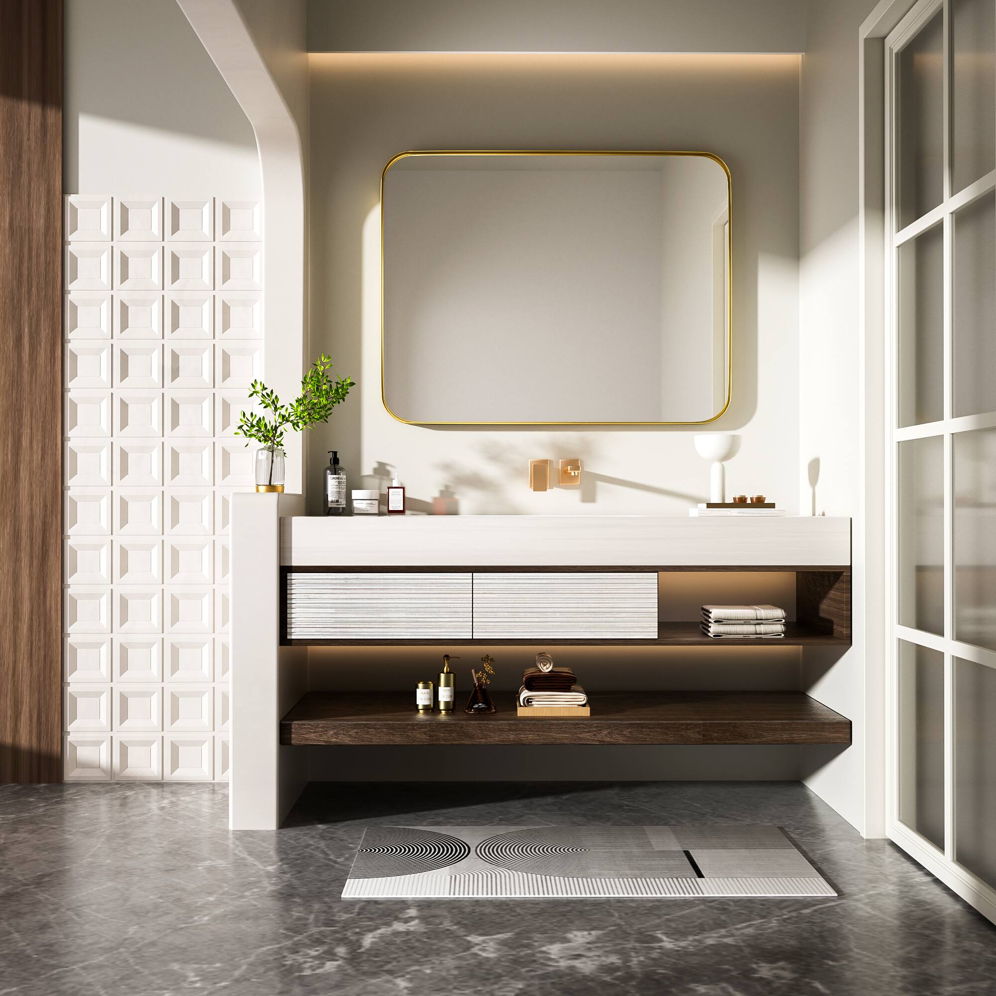 Alt View 13. LOVMOR - Tempered Glass Rounded Rectangle Framed Wall-Mounted Bathroom Vanity Mirror - 28" x 36" - Gold.