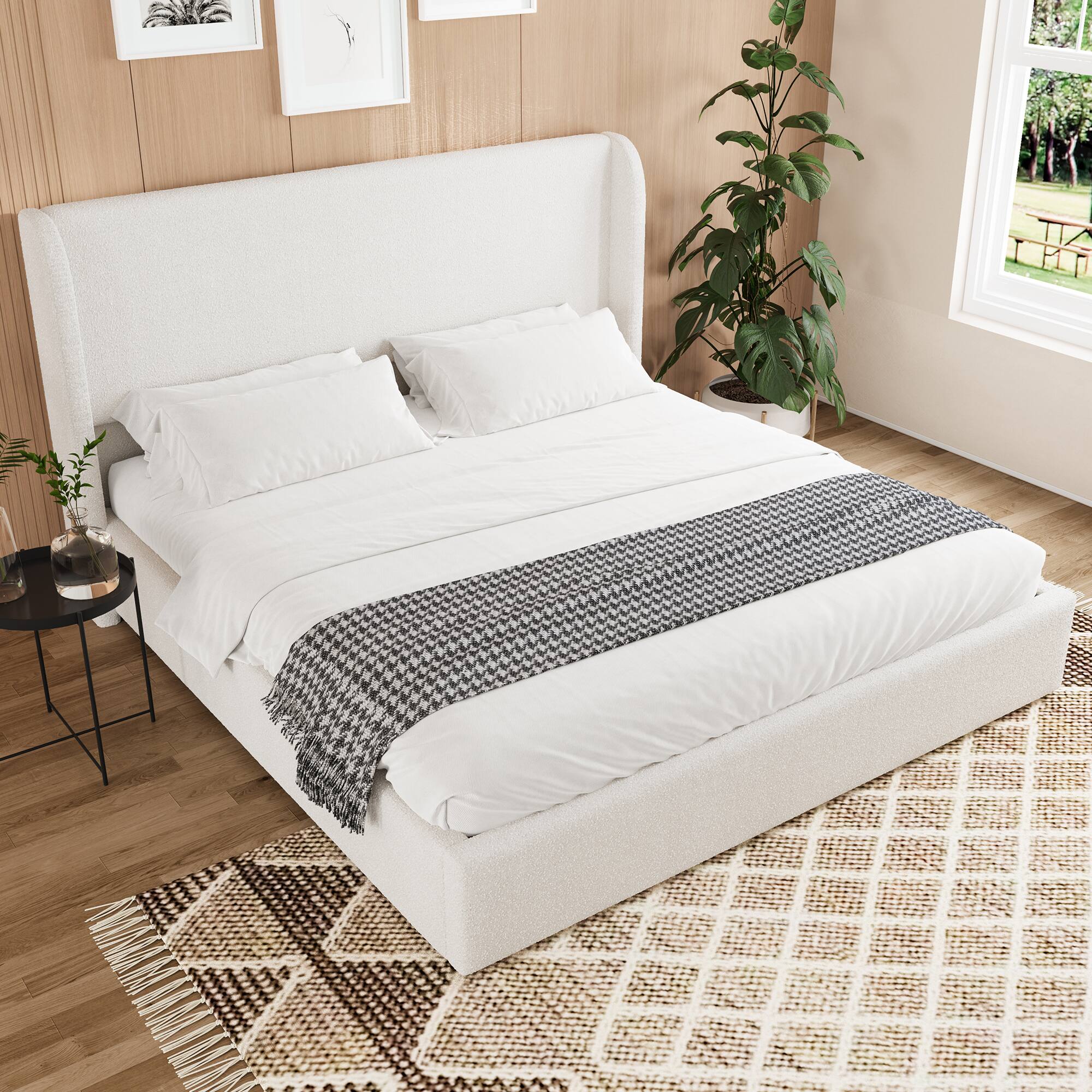 Left. LUCKY ONE - King Size Upholstered Bed Frame with Headboard - White.