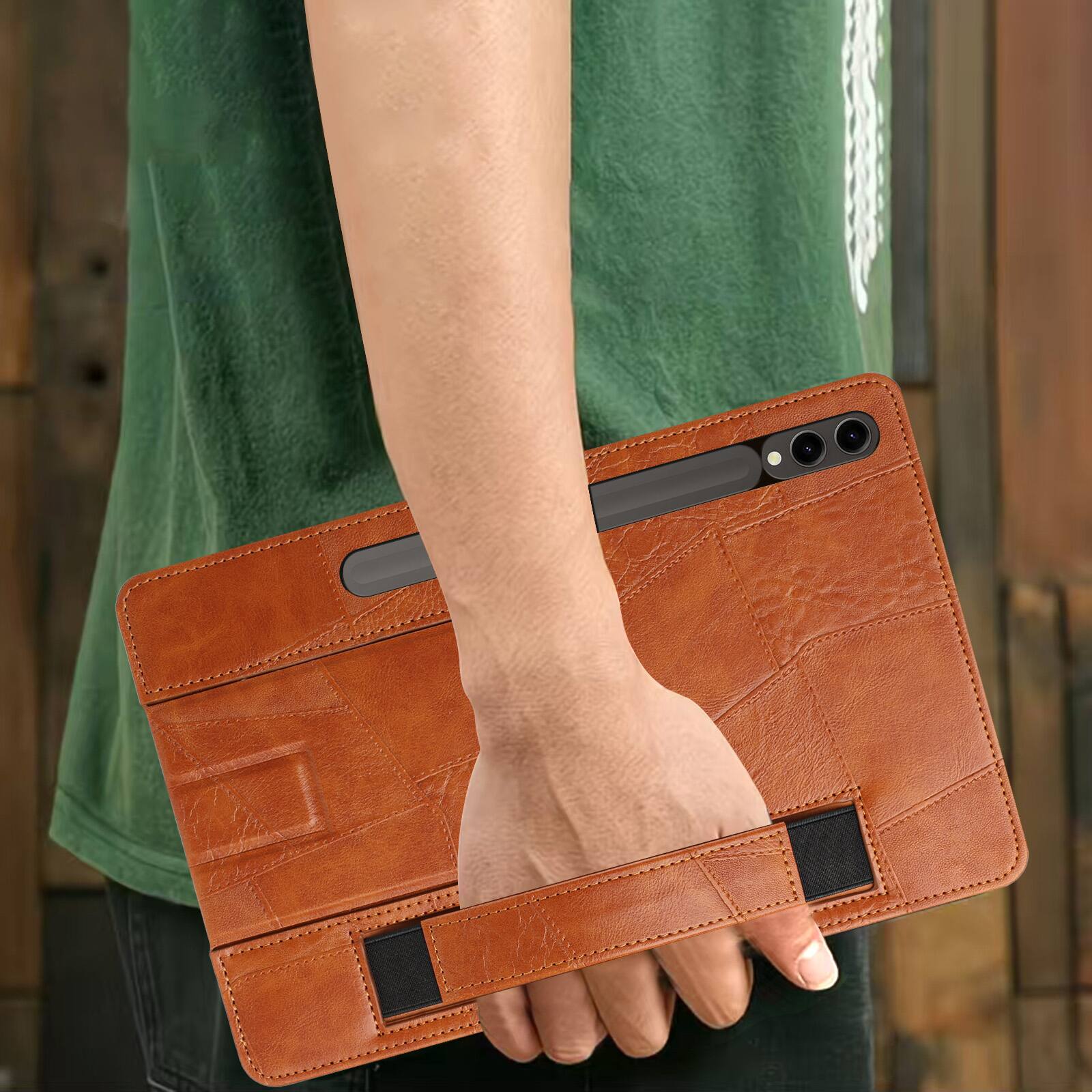 Alt View 1. Dteck - Leather Texture Case for Samsung Galaxy Tab S10 FE+, Shockproof Cover with Multi-Angle Stand and Secure Hand Strap - Brown.