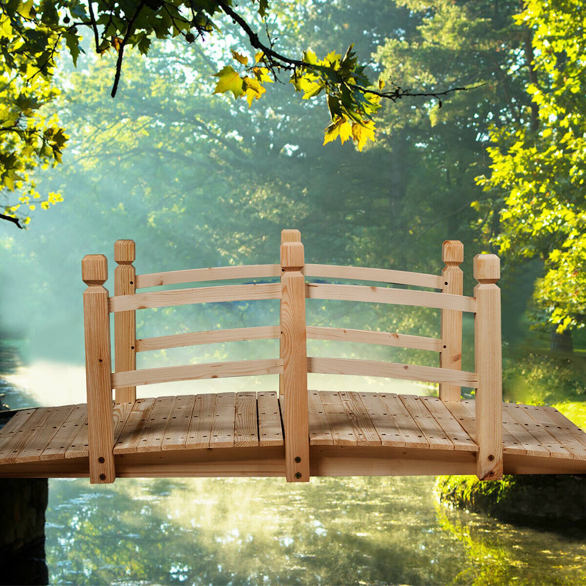 Alt View 9. Costway - 5' Wooden Garden Bridge Arc Stained Finish Footbridge Backyard Pond Decorative - Natural.