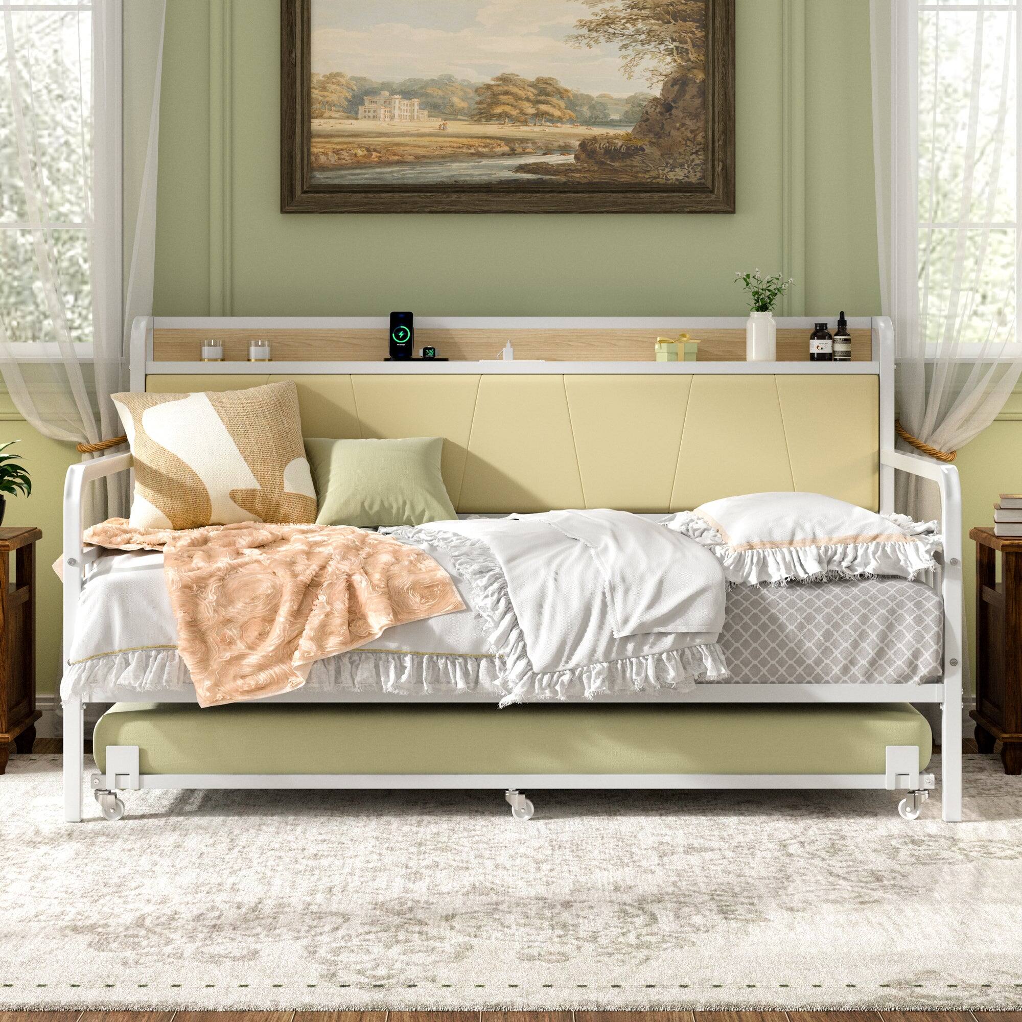 Alt View 1. Vecelo - Modern Convertible Sofa Bed with Built-In Charging Station&Under-Sofa Platform|Space-Saving Sleeper Sofa for Apartments - Beige.