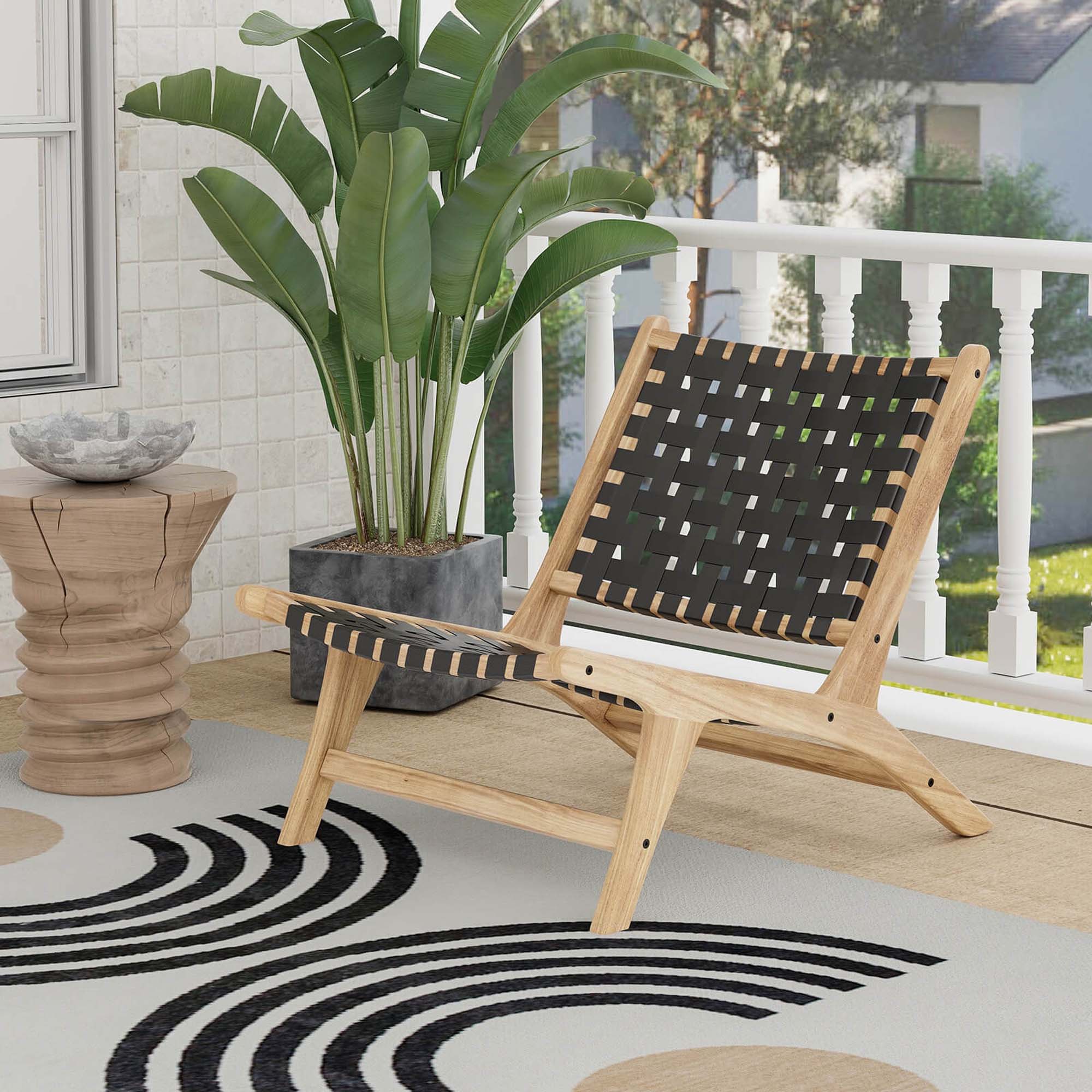 Alt View 3. Costway - Costway Modern Teak Wood Lounge Chair with Nylon Woven Backrest & Seat Comfy Reading Chair - Black.