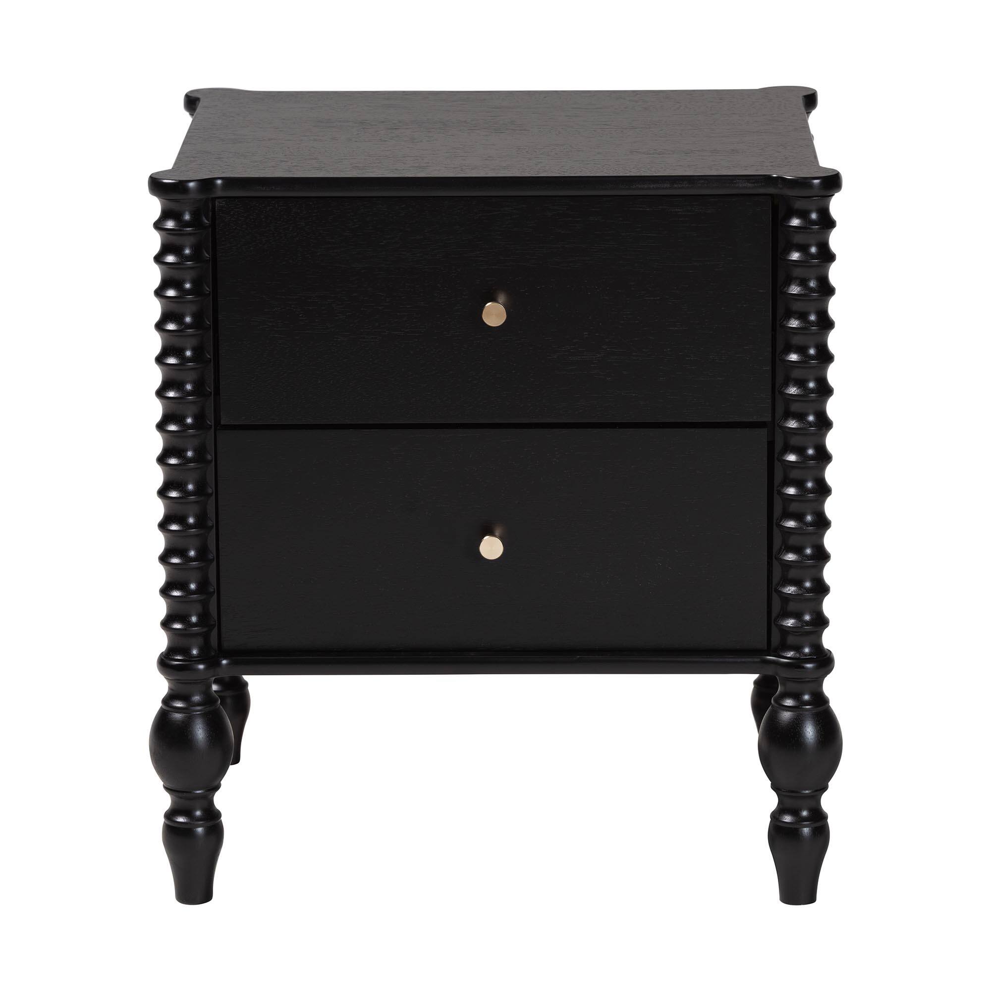 Left. Baxton Studio - Callison Spindle Nightstand - 2-Drawer Farmhouse Bedside Table with Turned Accents for Bedroom, - Black.