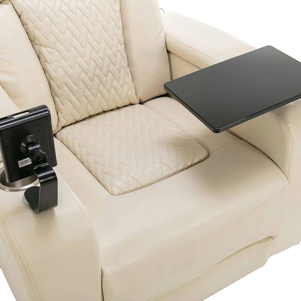 Left. Kadyn - 270° Swivel PU Leather Power Home Theater Recliner with Tray Table, Phone Holder, Cup Holder, USB Port & Arm Storage - White.