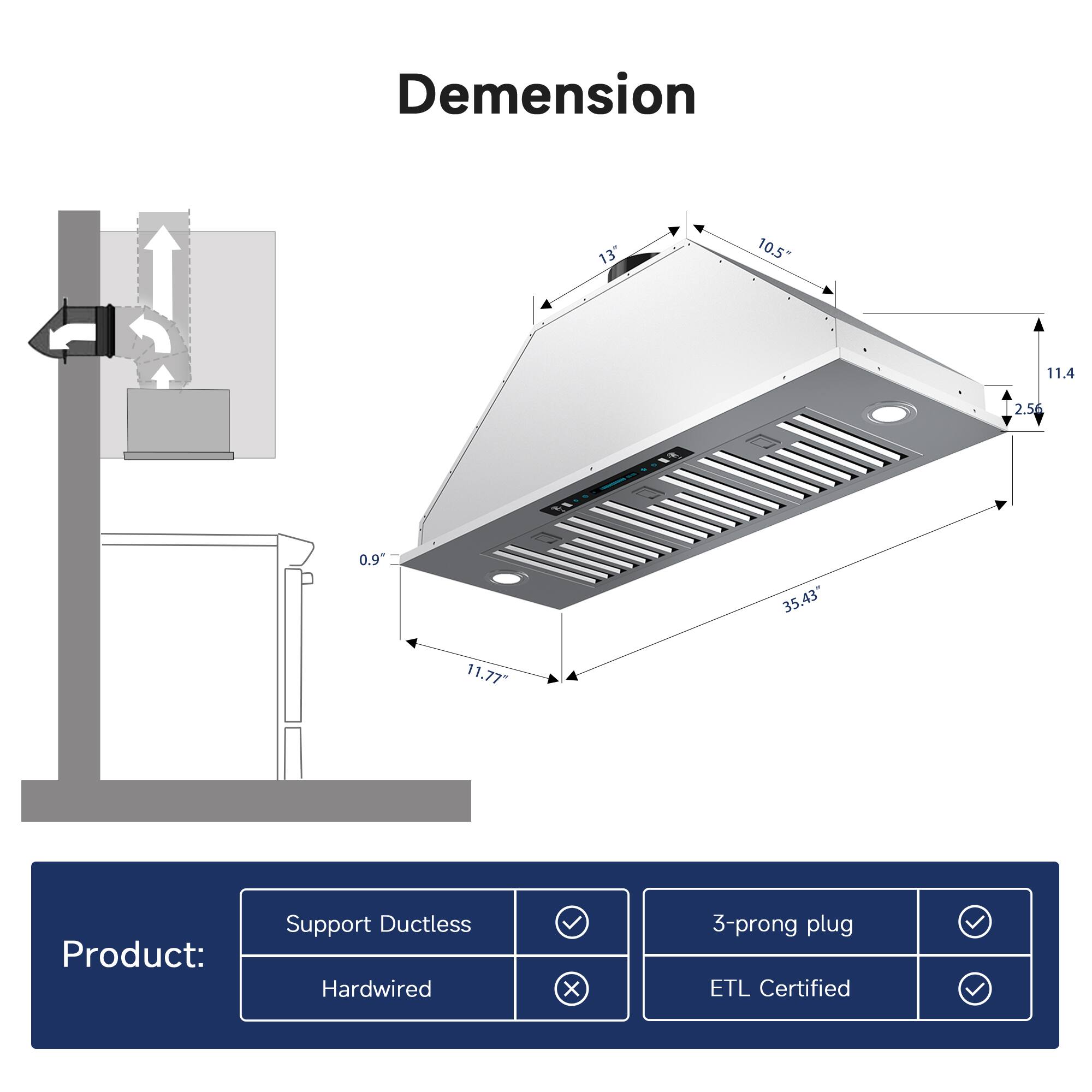 Dimension  
13" x 10.5" x 11.4" x 2.56" x 0.9" x 35.43" x 11.77"

Product:  
- Support Ductless  
- Hardwired  
- 3-prong plug  
- ETL Certified