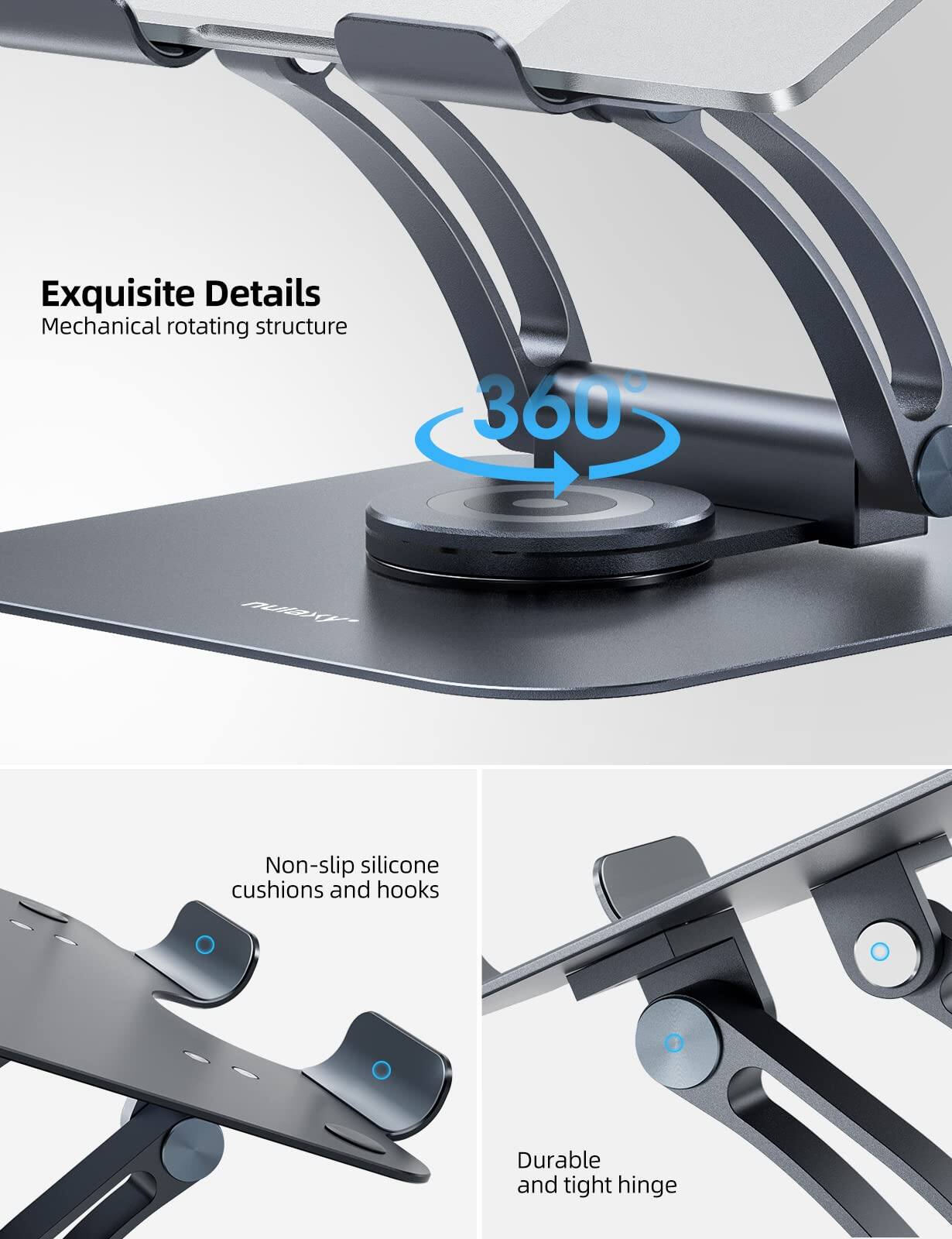 Exquisite Details  
Mechanical rotating structure 360°  

Non-slip silicone cushions and hooks  

Durable and tight hinge