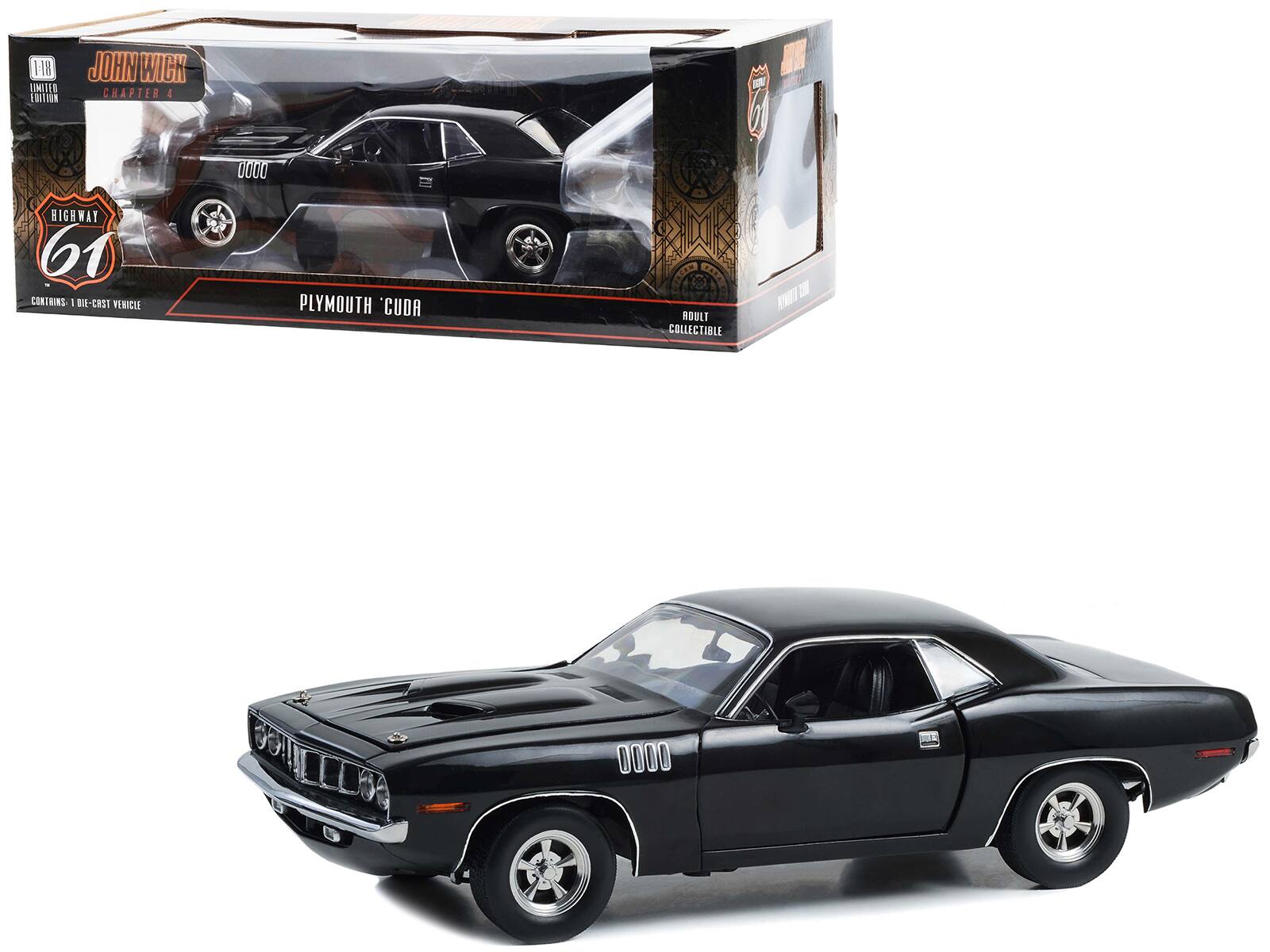 Sure, here is the corrected and grouped text from the image:

---

**JOHN WICK**  
**CHAPTER 4**  
**LIMITED EDITION**

**HIGHWAY 61**  
**CONTAINS: 1 DIE-CAST VEHICLE**

**PLYMOUTH 'CUDAR**

**ADULT COLLECTIBLE**

**HIGHWAY 61**

**0000**

**0000**

**0000**

**0000**

---

This text is taken from the packaging and the car itself.