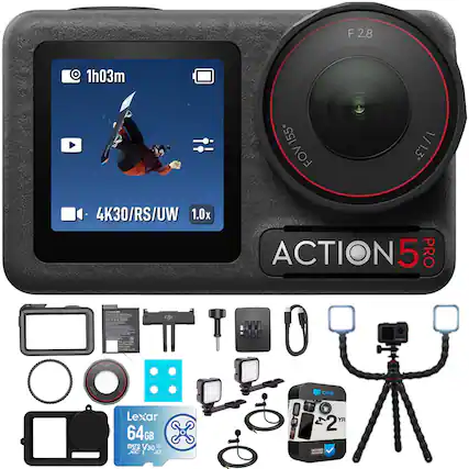 F 2.8
1h03m
155° FOV = 1/1.3"
4K30/RS/UW 1.0x
ACTION 5 PRO
cip Una CPS Lexar 64GB V30 U3 A2
YR 2 DETR