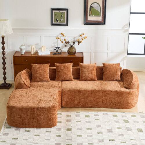 Angle. Anysun - Chenille L-Shape Compressed Sofa - High-Elastic Sponge, Curved Armrests & 4 Throw Pillows for Living Room - Orange.