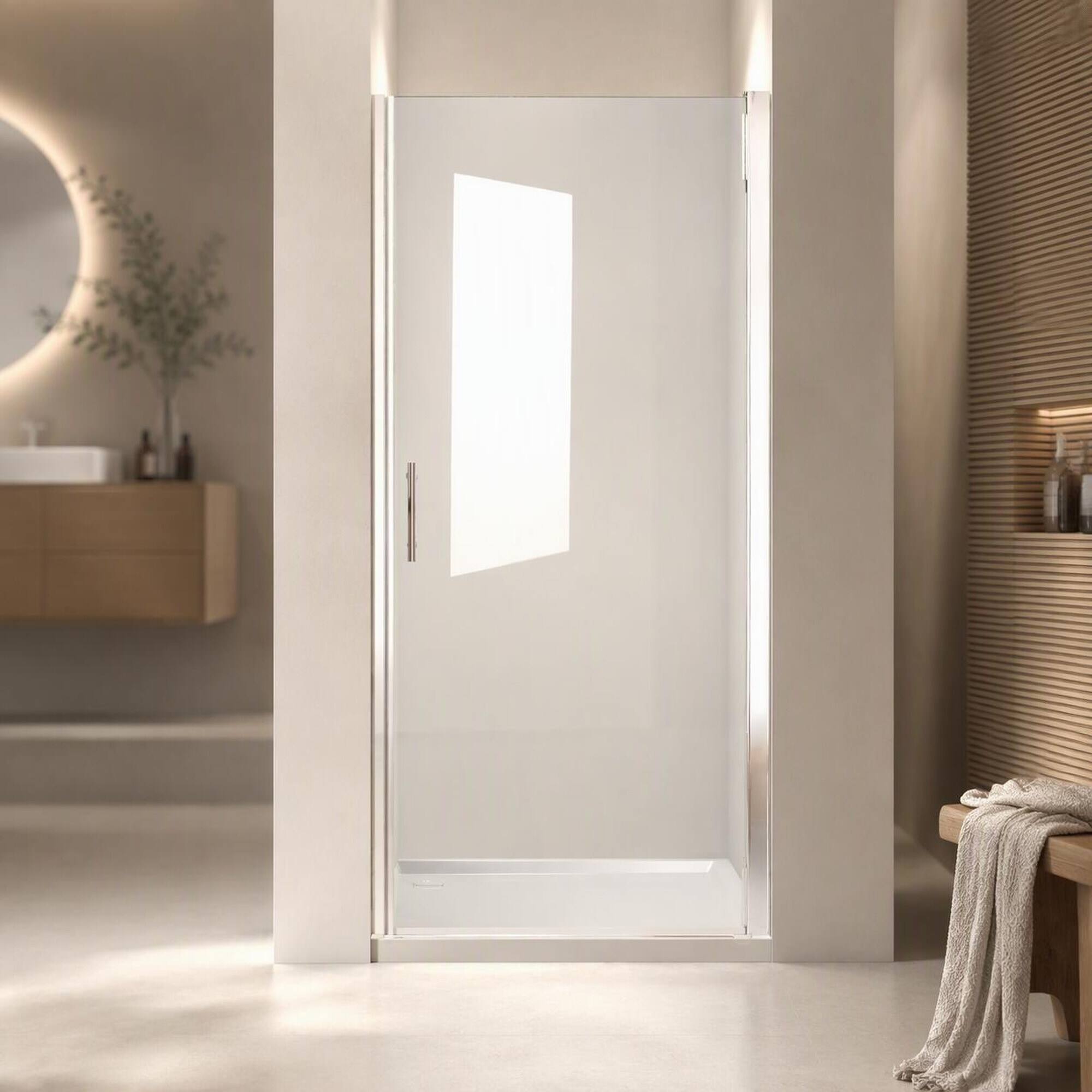 Front. RYHNUYNE - 28" X 72" Pivot Shower Door With 1/4" Tempered Glass, Brushed Nickel Frame And Steel Handle - Brushed Nickel.