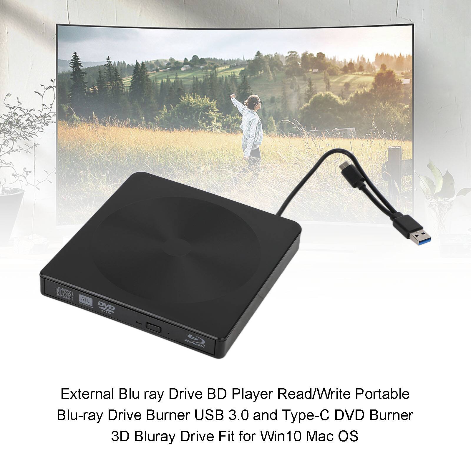 External Blu-ray Drive BD Player Read/Write Portable Blu-ray Drive Burner USB 3.0 and Type-C DVD Burner 3D Blu-ray Drive Fit for Win10 Mac OS