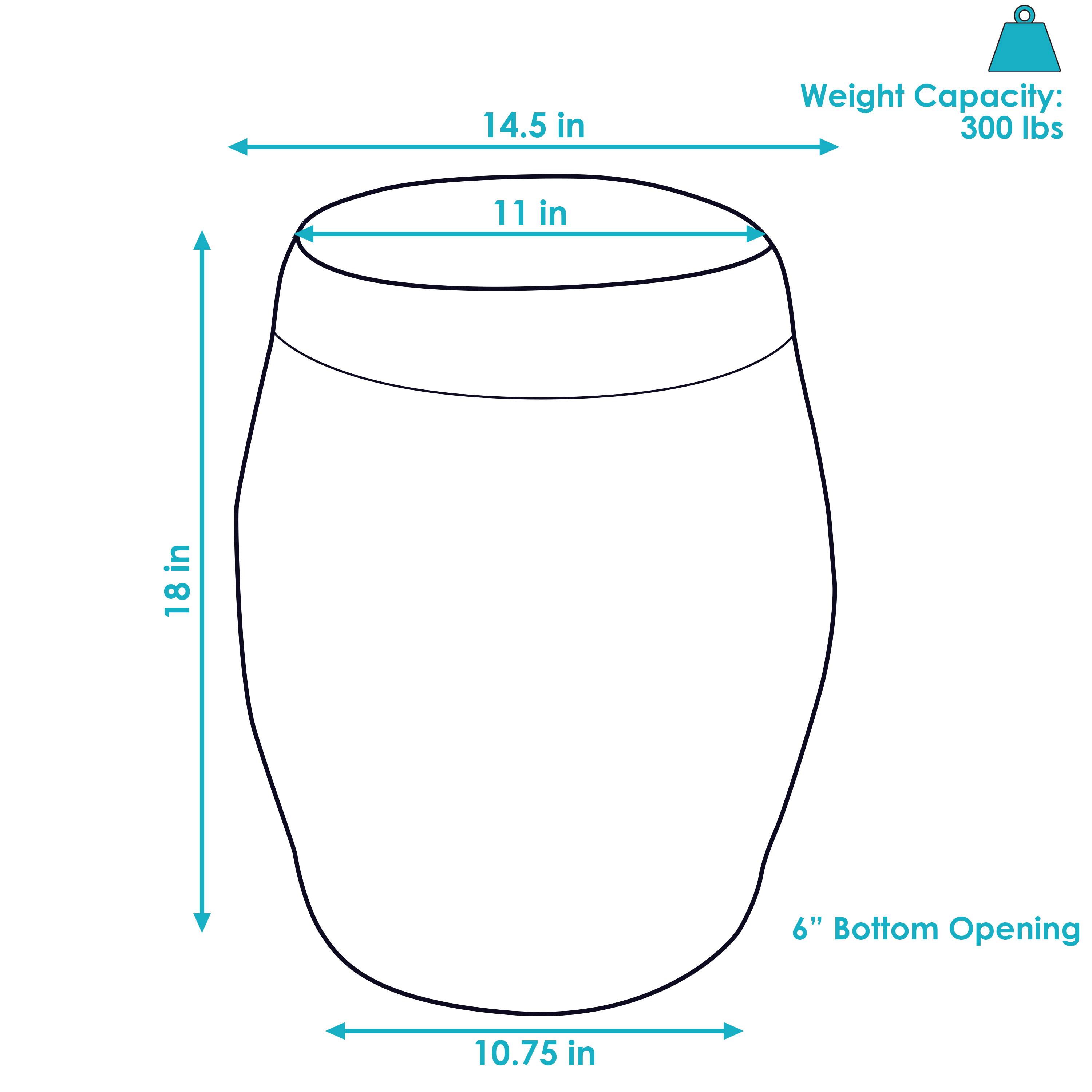 14.5 in  
11 in  
18 in  
10.75 in  
6" Bottom Opening  
Weight Capacity: 300 lbs