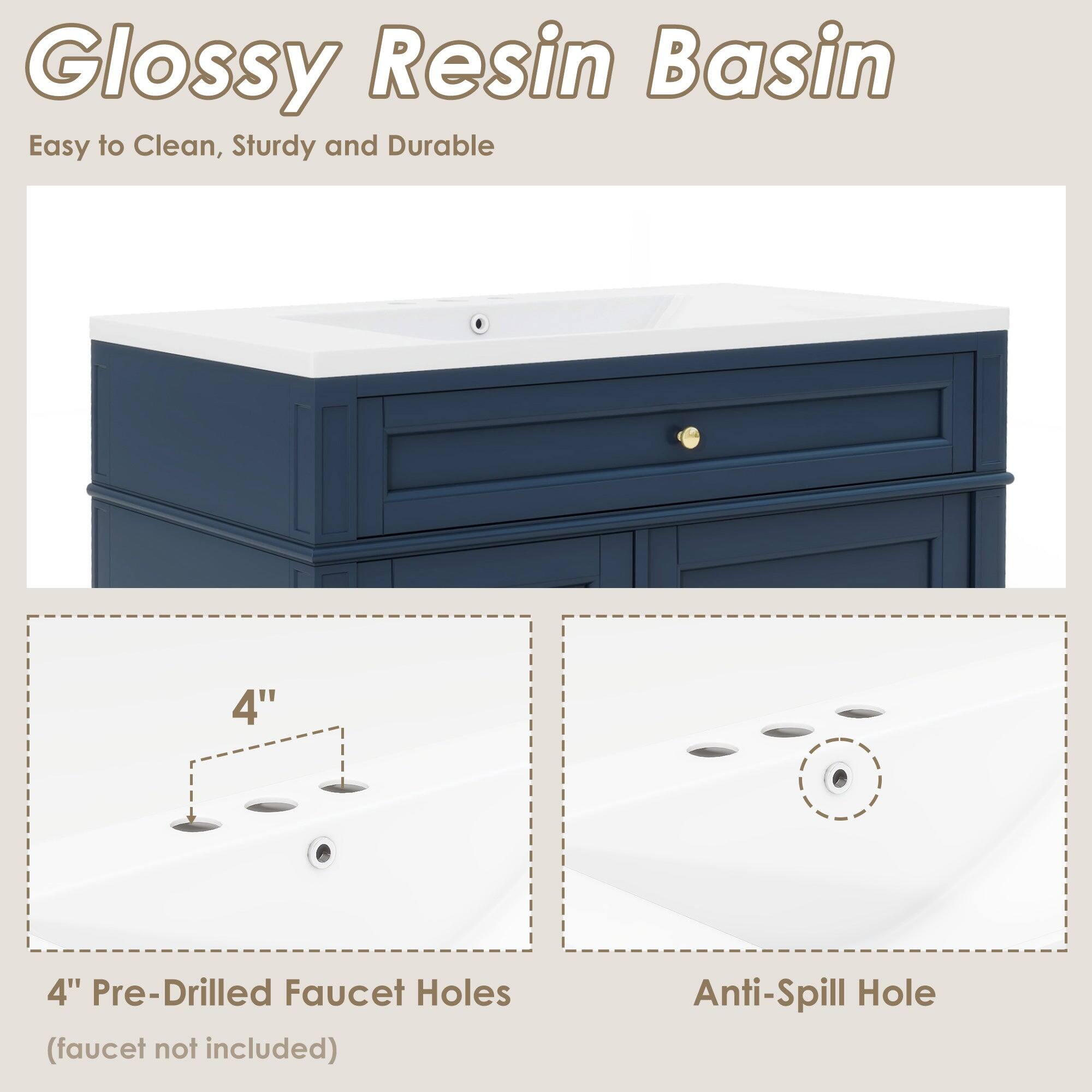 Glossy Resin Basin  
Easy to Clean, Sturdy and Durable  

4" Pre-Drilled Faucet Holes (faucet not included)  
Anti-Spill Hole