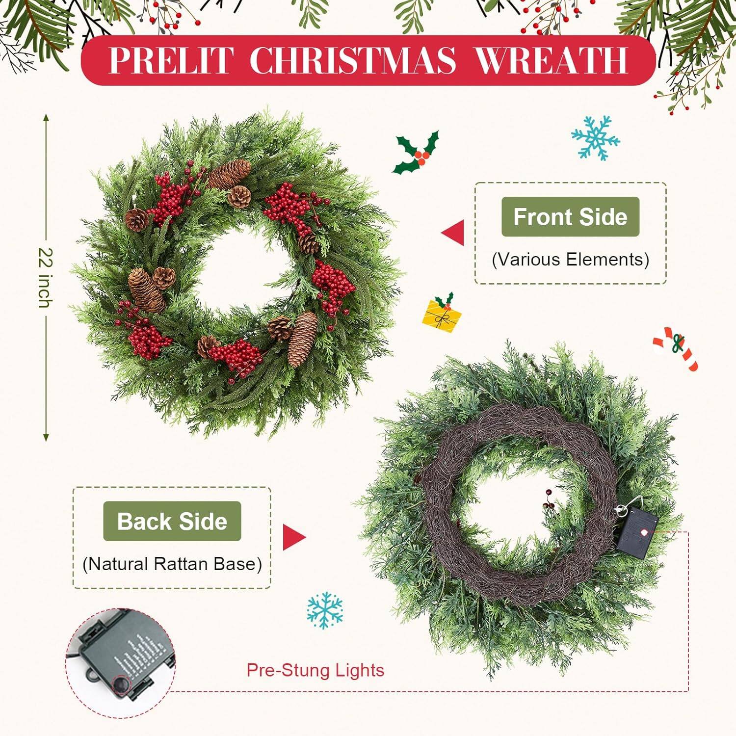 PRELIT CHRISTMAS WREATH

Front Side (Various Elements)

Back Side (Natural Rattan Base)

22 inch

Pre-Stung Lights