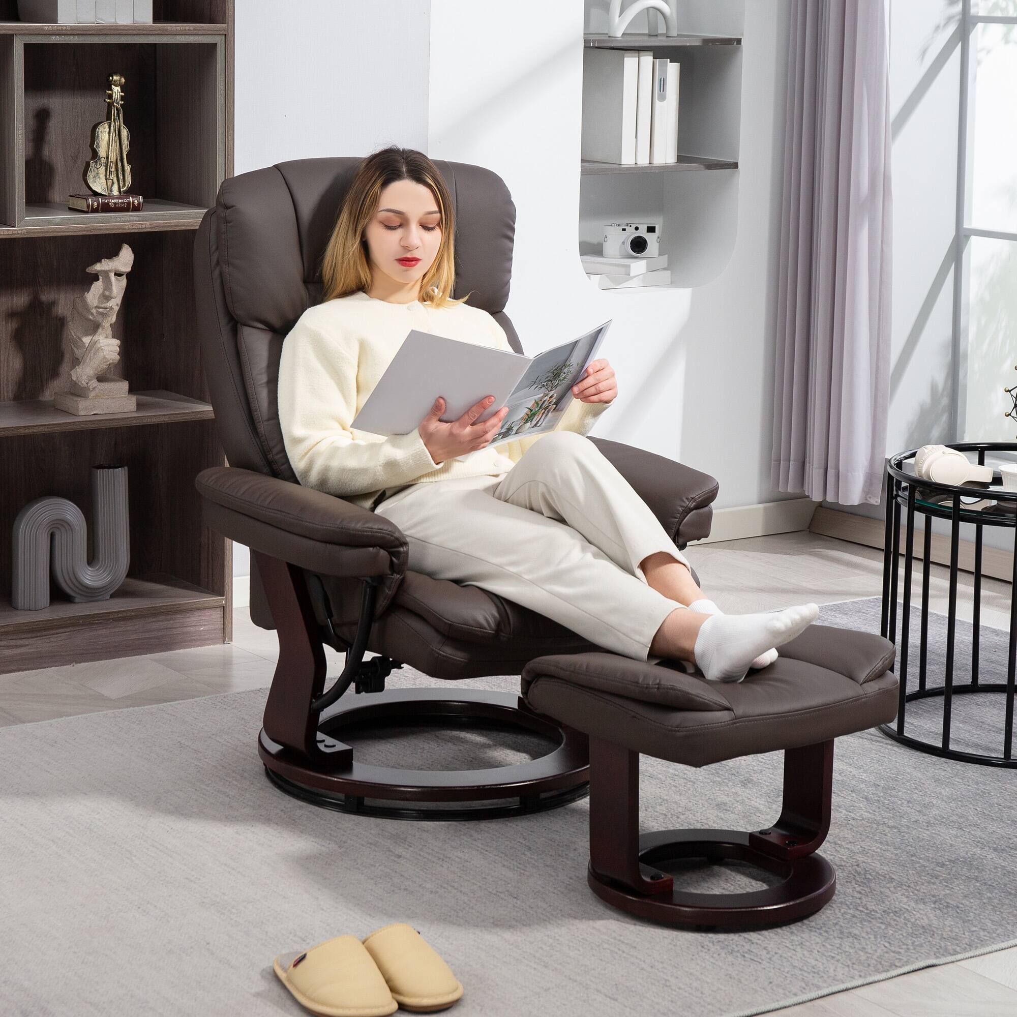 Alt View 1. Homcom - Swivel Recliner w/Ottoman: PU Leather Adjustable w/Wood Base​ - Brown.