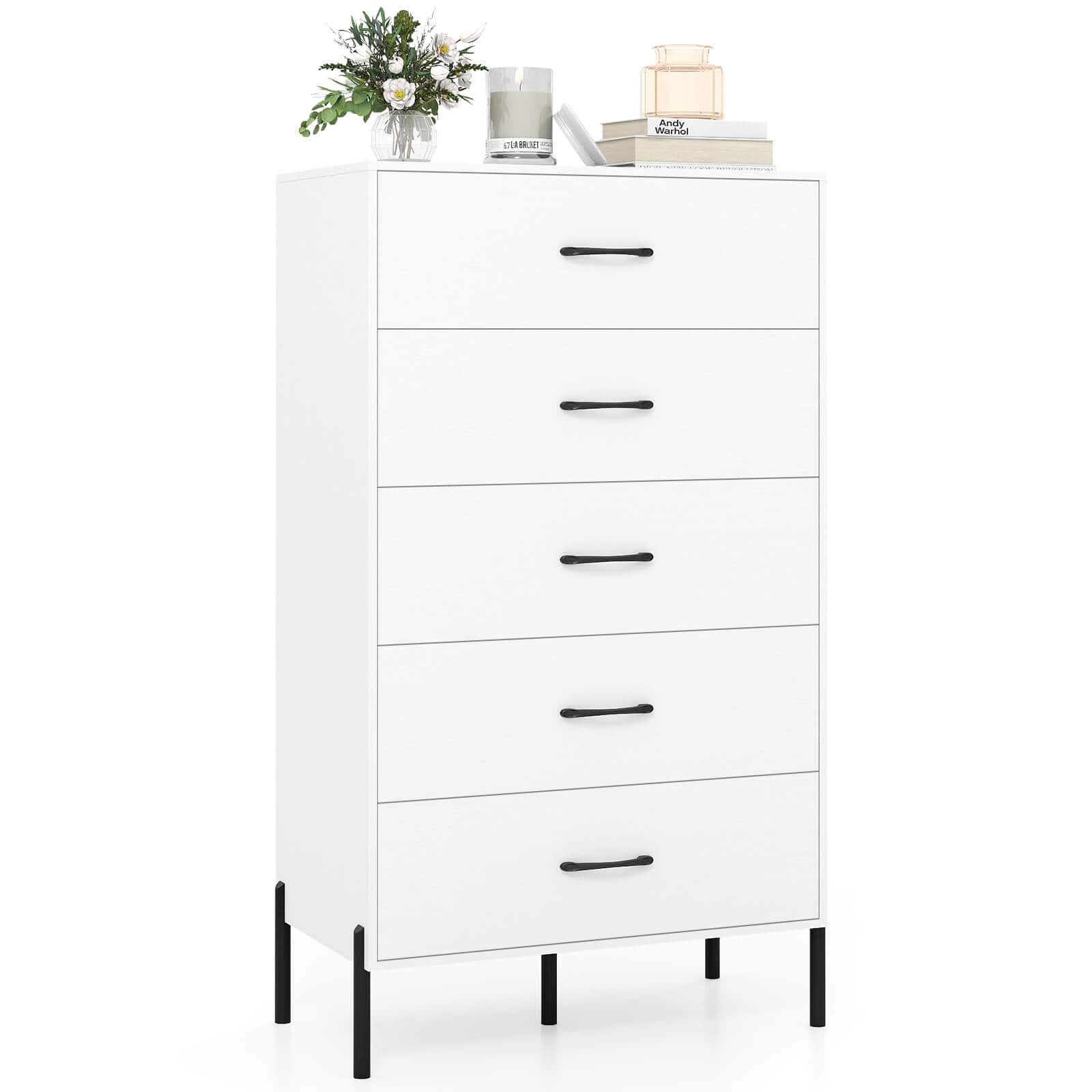 Costway - 5-Drawer Dresser with Metal Legs & Handles, Anti-Tipping Kits for Closet, Bedroom - White