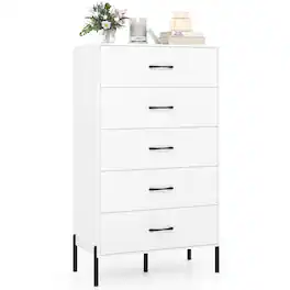 Costway - 5-Drawer Dresser with Metal Legs & Handles, Anti-Tipping Kits for Closet, Bedroom - White