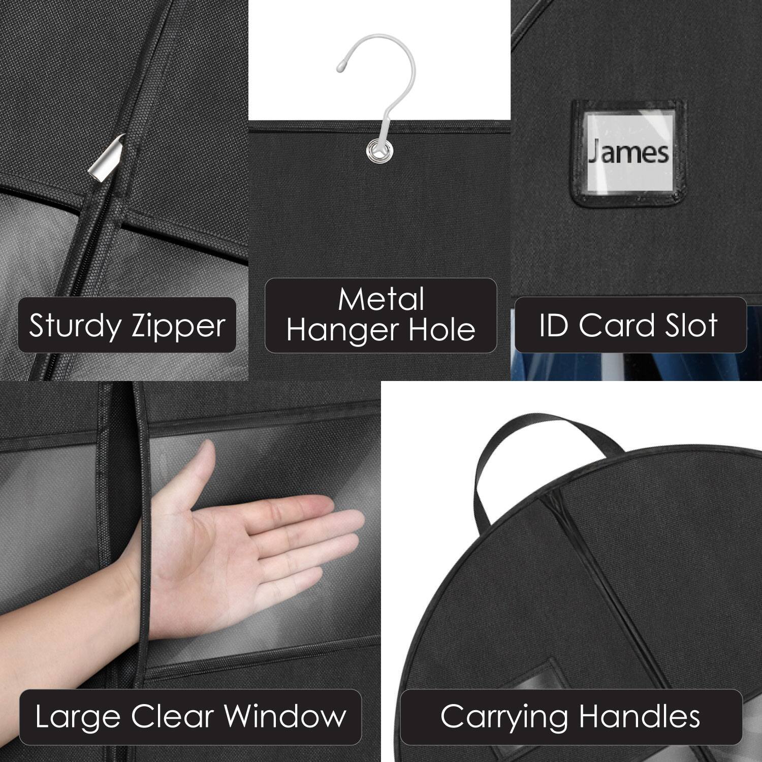 - Sturdy Zipper
- Metal Hanger Hole
- ID Card Slot
- Large Clear Window
- Carrying Handles