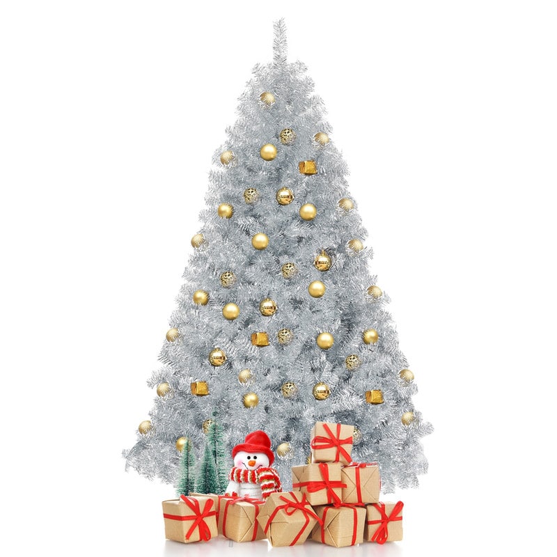 WELLFOR - 6ft Unlit Hinged Artificial Christmas Tree with 1036 PVC‑Tinsel Branch Tips, Indoor & Outdoor Holiday Decoration - Silver