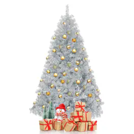 WELLFOR - 6ft Unlit Hinged Artificial Christmas Tree with 1036 PVC‑Tinsel Branch Tips, Indoor & Outdoor Holiday Decoration - Silver