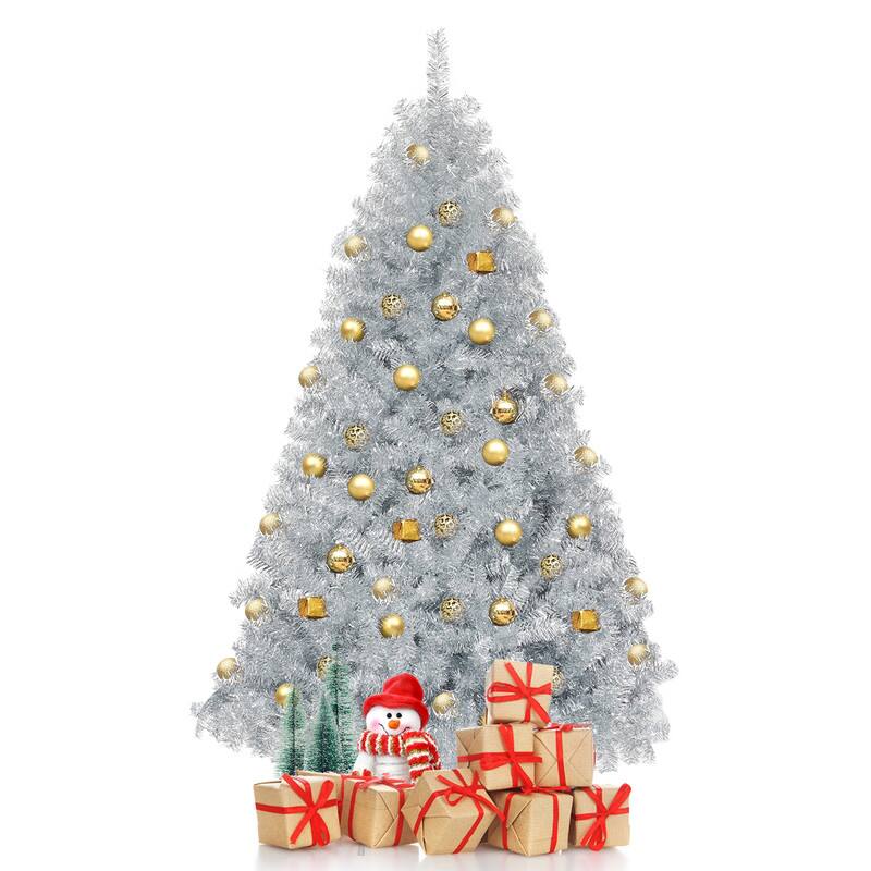 Front. WELLFOR - 6ft Unlit Hinged Artificial Christmas Tree with 1036 PVC‑Tinsel Branch Tips, Indoor & Outdoor Holiday Decoration - Silver.