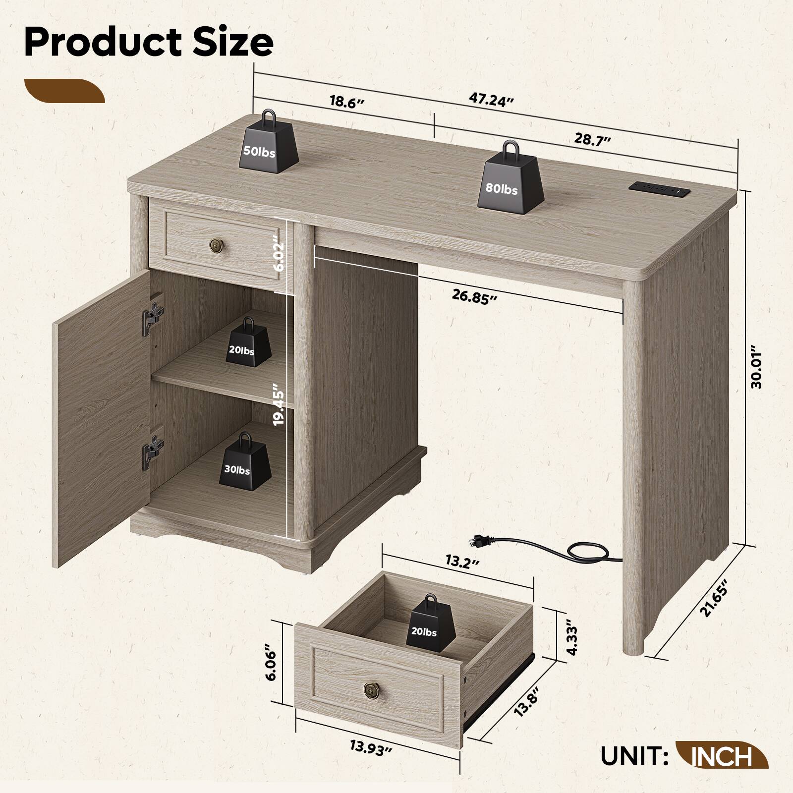 Product Size

- 50lbs
- 18.6"
- 47.24"
- 28.7"
- 20lbs
- 30lbs
- 6.02"
- 19.45"
- 80lbs
- 26.85"
- 30.01"
- 6.06"
- 13.2"
- 20lbs
- 13.93"
- 13.8"
- 4.33"
- 21.65" 

UNIT: INCH