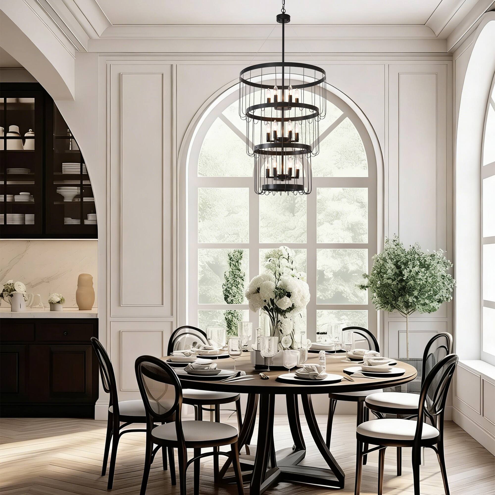 Left. RYHNUYNE - 24" Black Farmhouse Chandelier,18 Light Lantern Tiered Pendant Light Fixtures for Entryway,Large Chandeliers.