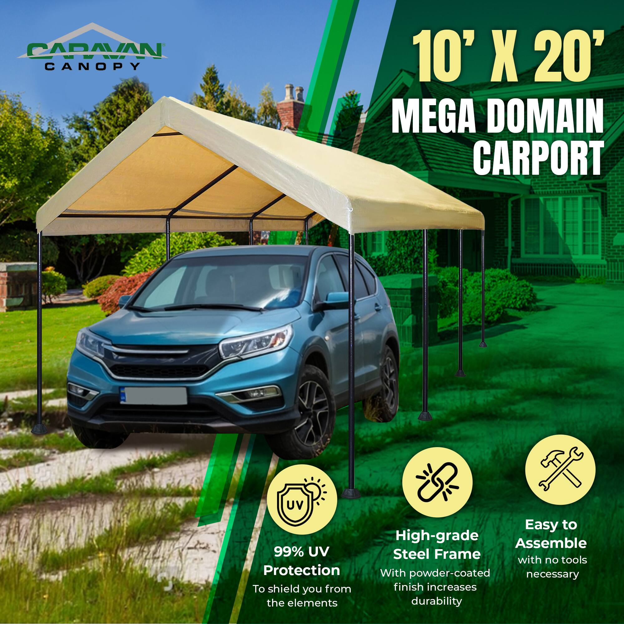 CARAVAN CANOPY 10' X 20' MEGA DOMAIN CARPORT

- 99% UV Protection: To shield you from the elements
- High-grade Steel Frame: With powder-coated finish increases durability
- Easy to Assemble: With no tools necessary