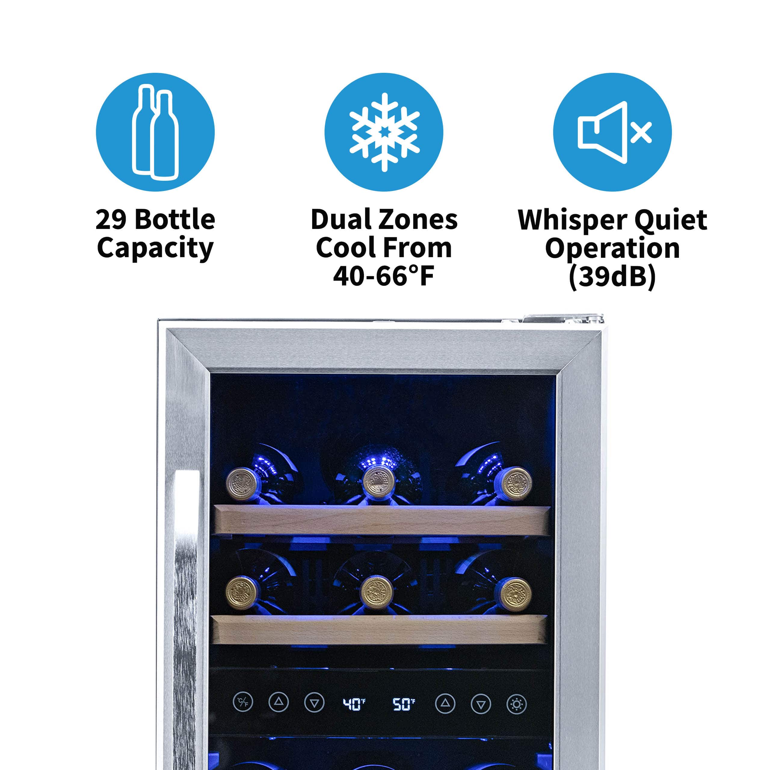The image features a wine cooler with a capacity of 29 bottles, dual zones for cooling from 40-66°F, and a whisper quiet operation (39dB).