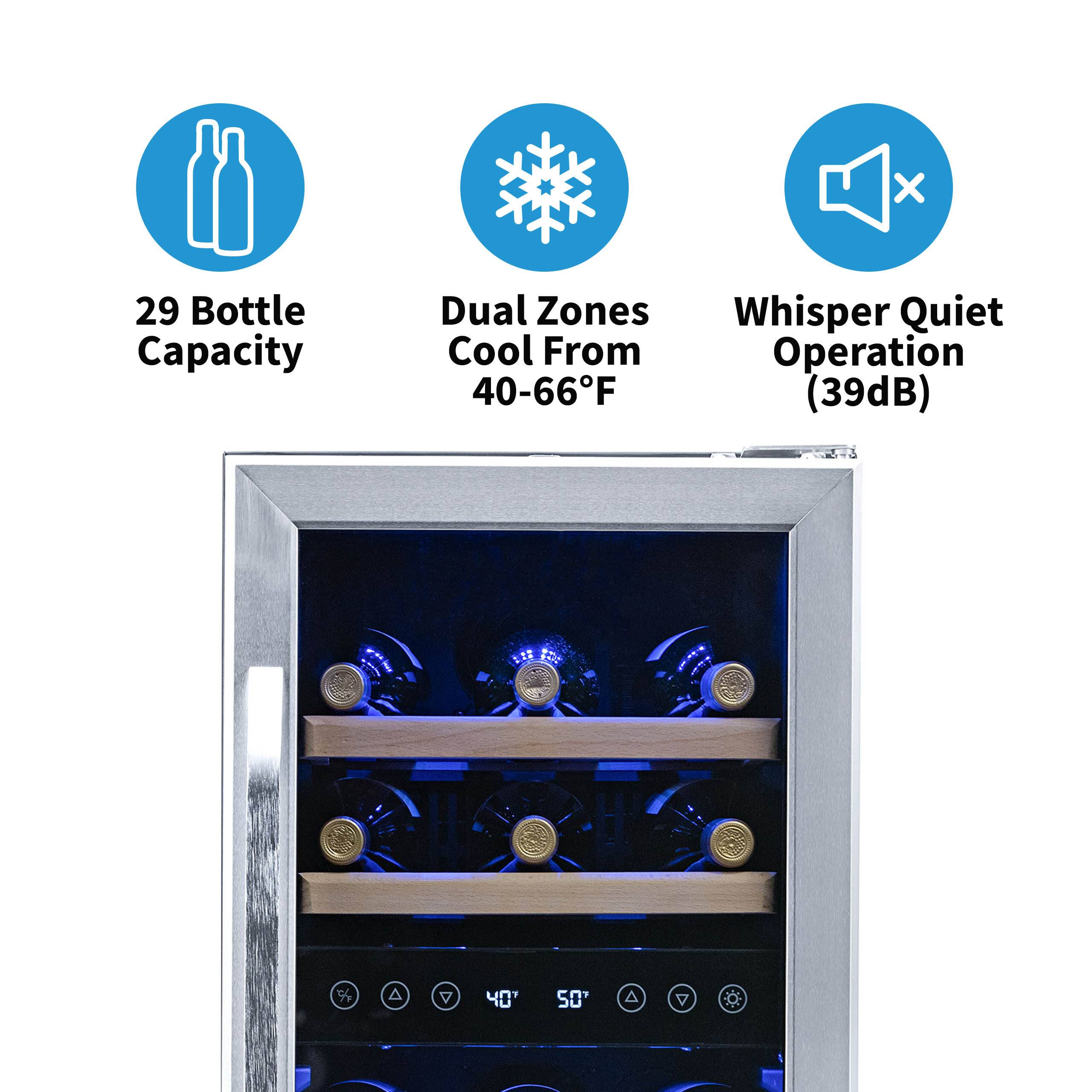 The image features a wine cooler with a capacity of 29 bottles, dual zones for cooling from 40-66°F, and a whisper quiet operation (39dB).