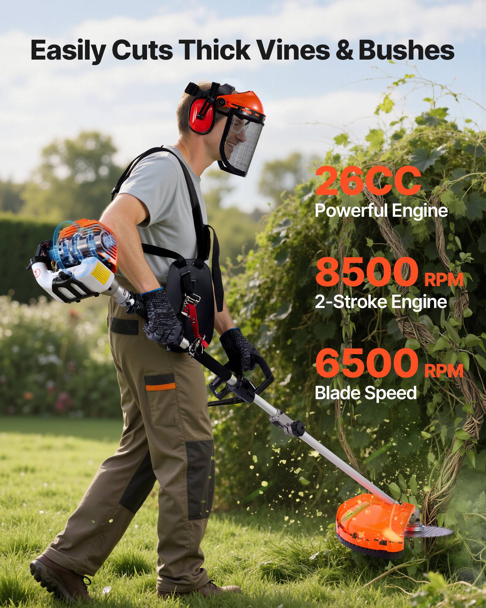 Easily Cuts Thick Vines & Bushes

26CC Powerful Engine

8500 RPM 2-Stroke Engine

6500 RPM Blade Speed