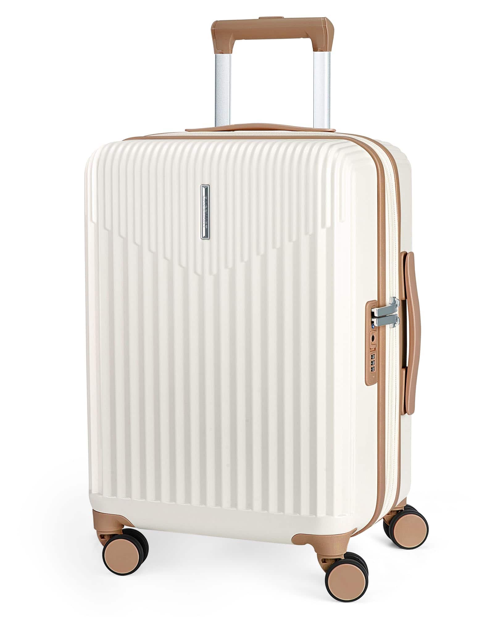 DORLUKFU- Carry On Luggage 22x14x9 Airline Approved with Spinner Wheels,100% PC Hardside Expandable Luggage with TSA Lock for- Beige