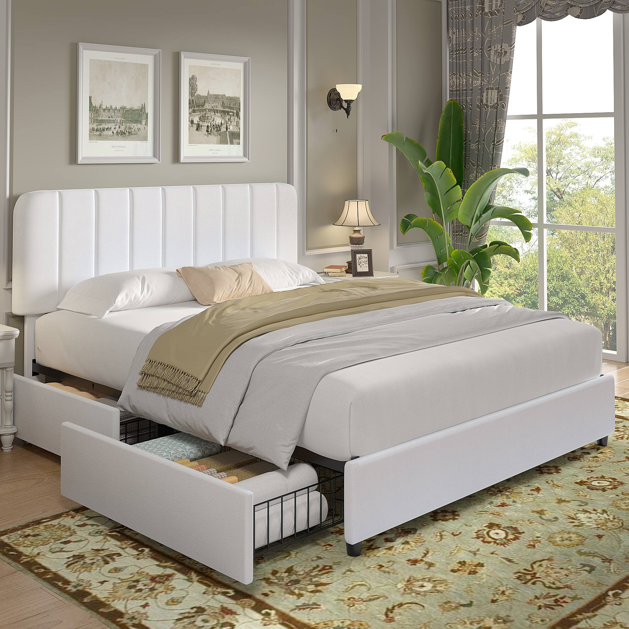 Alt View 2. Vecelo - Full Size Storage Bed Frame with 4 Drawers - Velvet Upholstered, Adjustable Headboard, 800lb Capacity, Noise Free - White.