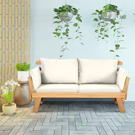 Gymax - Adjustable Patio Sofa Daybed Acacia Wood Furniture w/ White Cushions - as pic