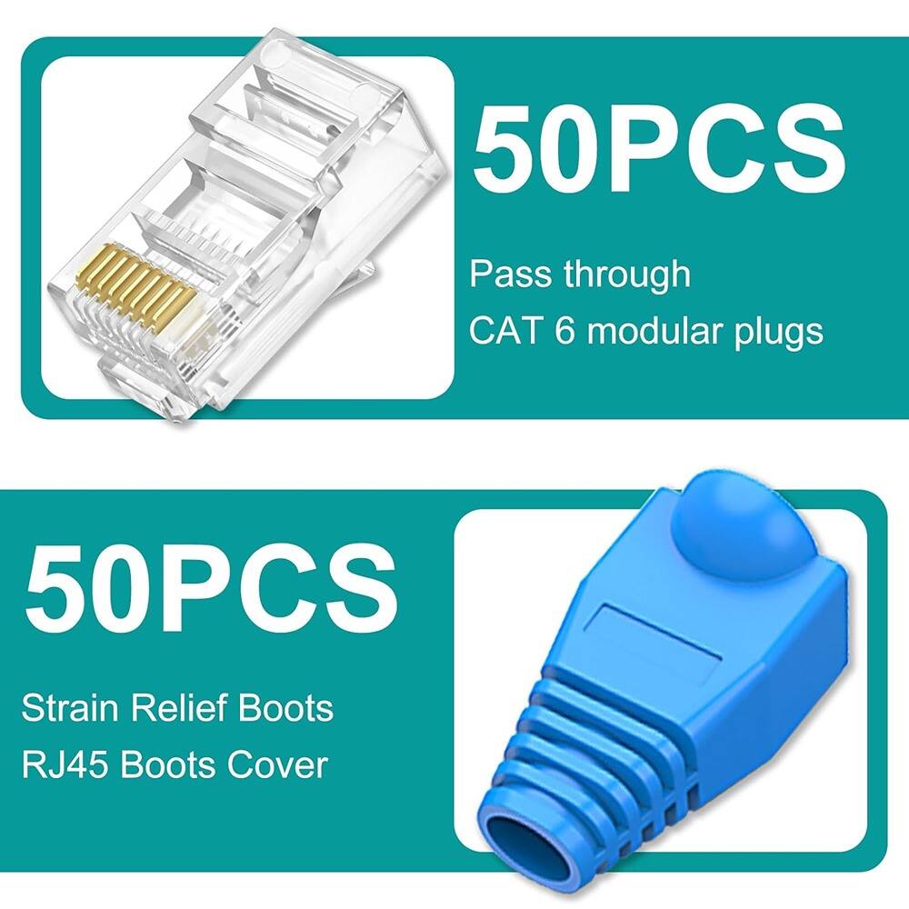 50PCS Pass through CAT 6 modular plugs  
50PCS Strain Relief Boots RJ45 Boots Cover