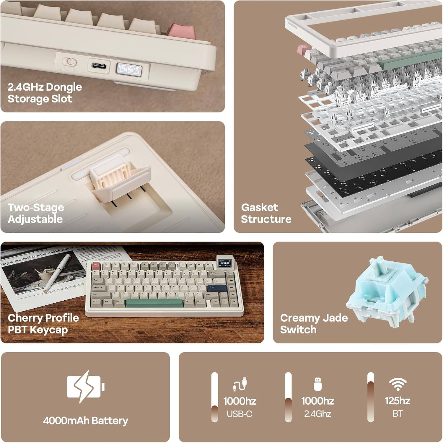 2.4GHz Dongle Storage Slot  
Two-Stage Adjustable Gasket Structure  
Cherry Profile PBT Keycap  
Creamy Jade Switch  
4000mAh Battery  
1000hz USB-C  
1000hz 2.4Ghz  
125hz BT