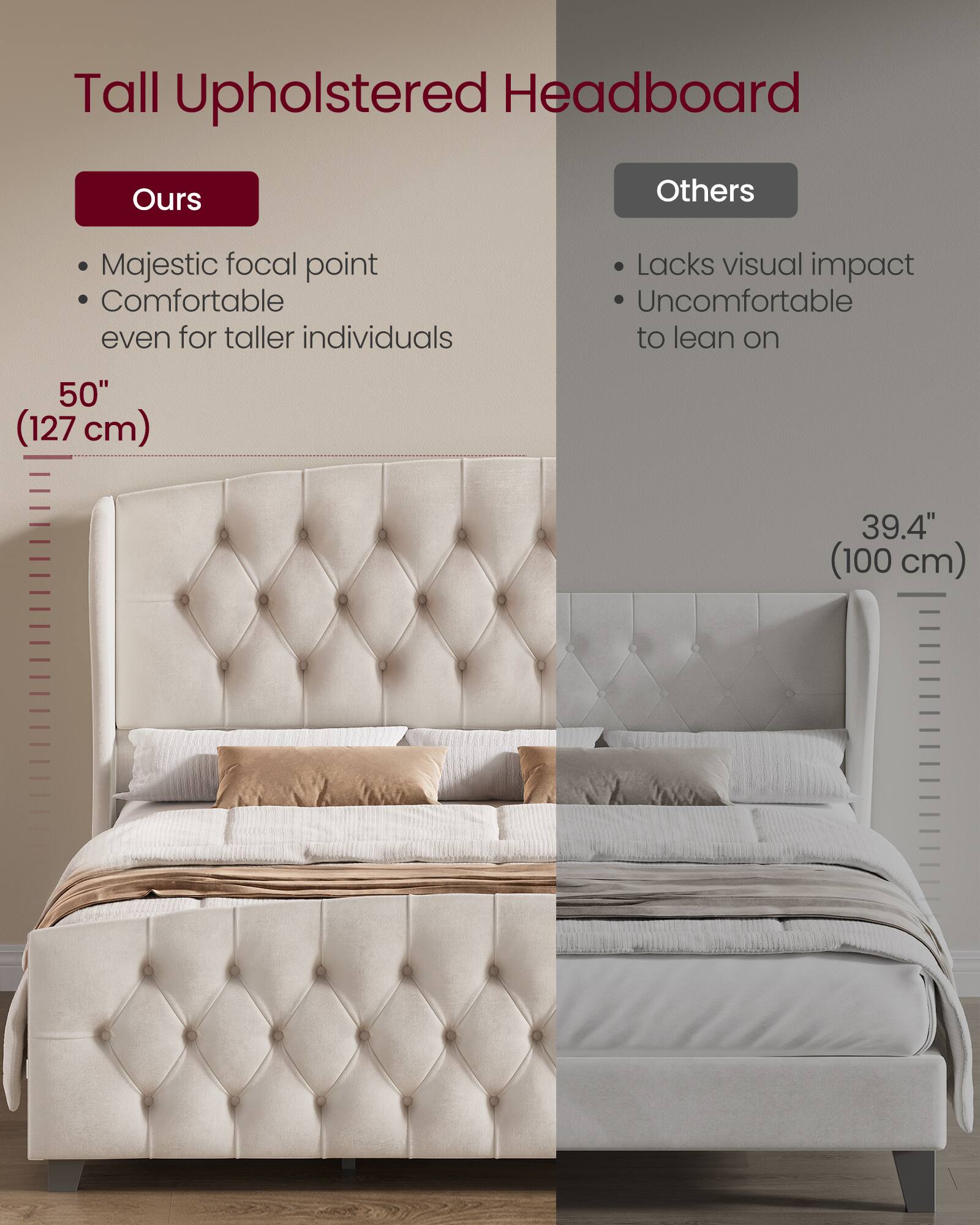 Tall Upholstered Headboard

Ours
- Majestic focal point
- Comfortable even for taller individuals
50" (127 cm)

Others
- Lacks visual impact
- Uncomfortable to lean on
39.4" (100 cm)