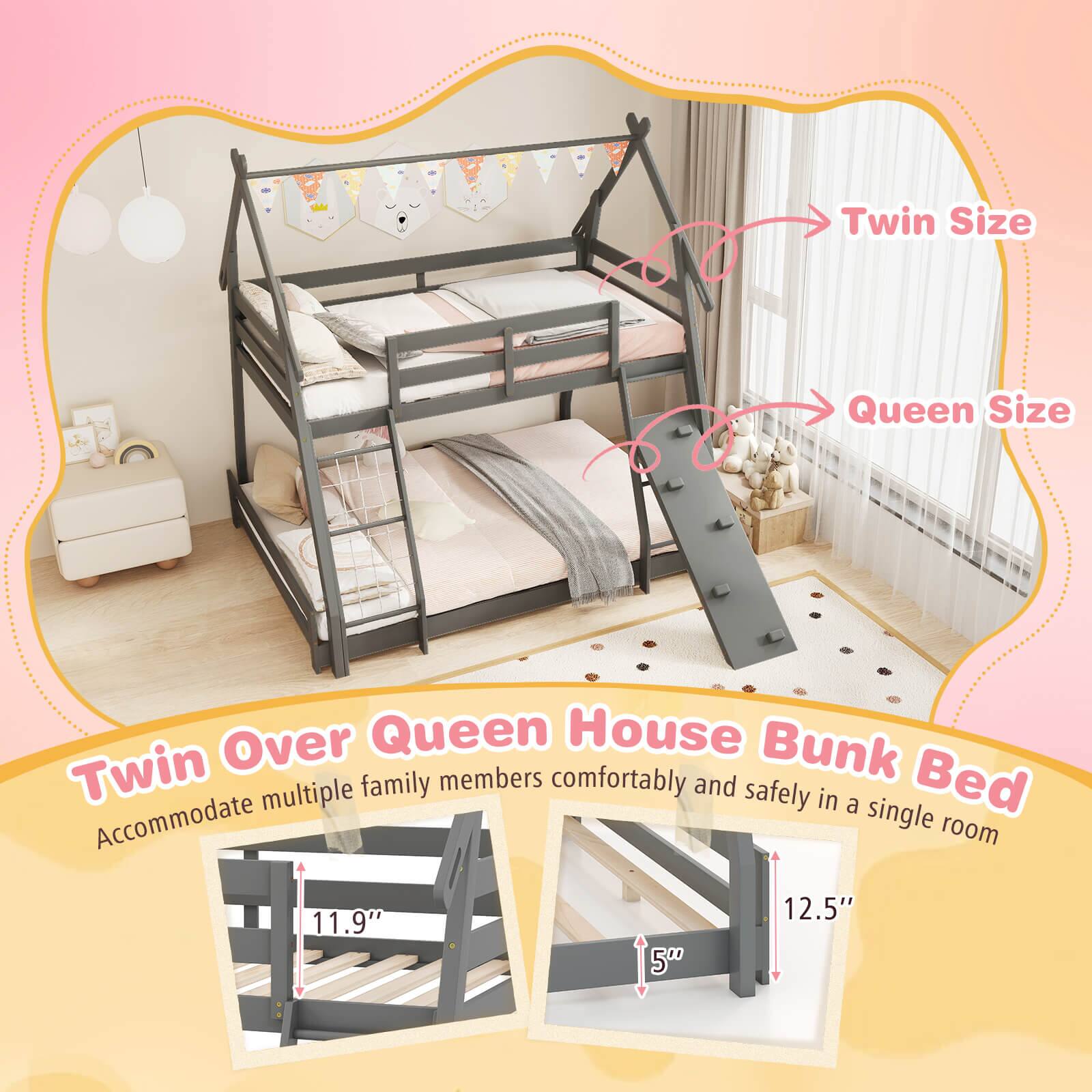 Twin Over Queen House Bunk Bed: Twin Size Queen Size Over Queen House Bunk Twin multiple family members comfortably and safely in a Bed Accommodate single room 12.5" 11.9" 15" 500