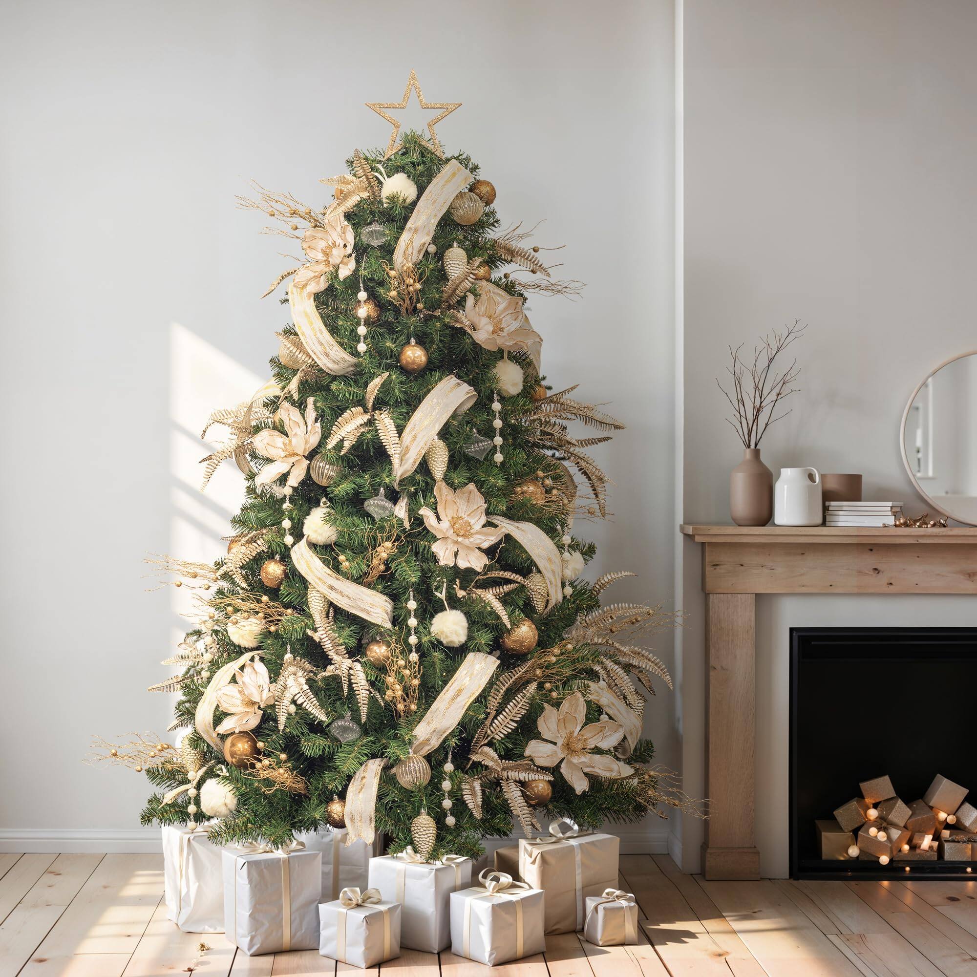 Alt View 2. Skar Audio - Store Christmas Tree With Ornaments And Lights Champagne Completed Decorations Including Full Usb Led String - Red and White.