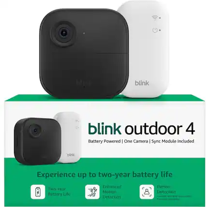 blink outdoor 4
Battery Powered | One Camera | Sync Module Included
Experience up to two-year battery life
- Two-Year Battery Life
- Enhanced Motion Detection
- Person Detection (Available with Blink Subscription Plan, sold separately)