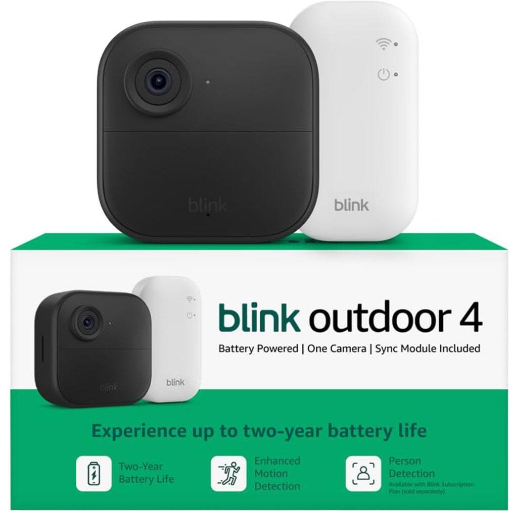 blink outdoor 4  
Battery Powered | One Camera | Sync Module Included  

Experience up to two-year battery life  

- Two-Year Battery Life  
- Enhanced Motion Detection  
- Person Detection (Available with Blink Subscription Plan, Sold separately)