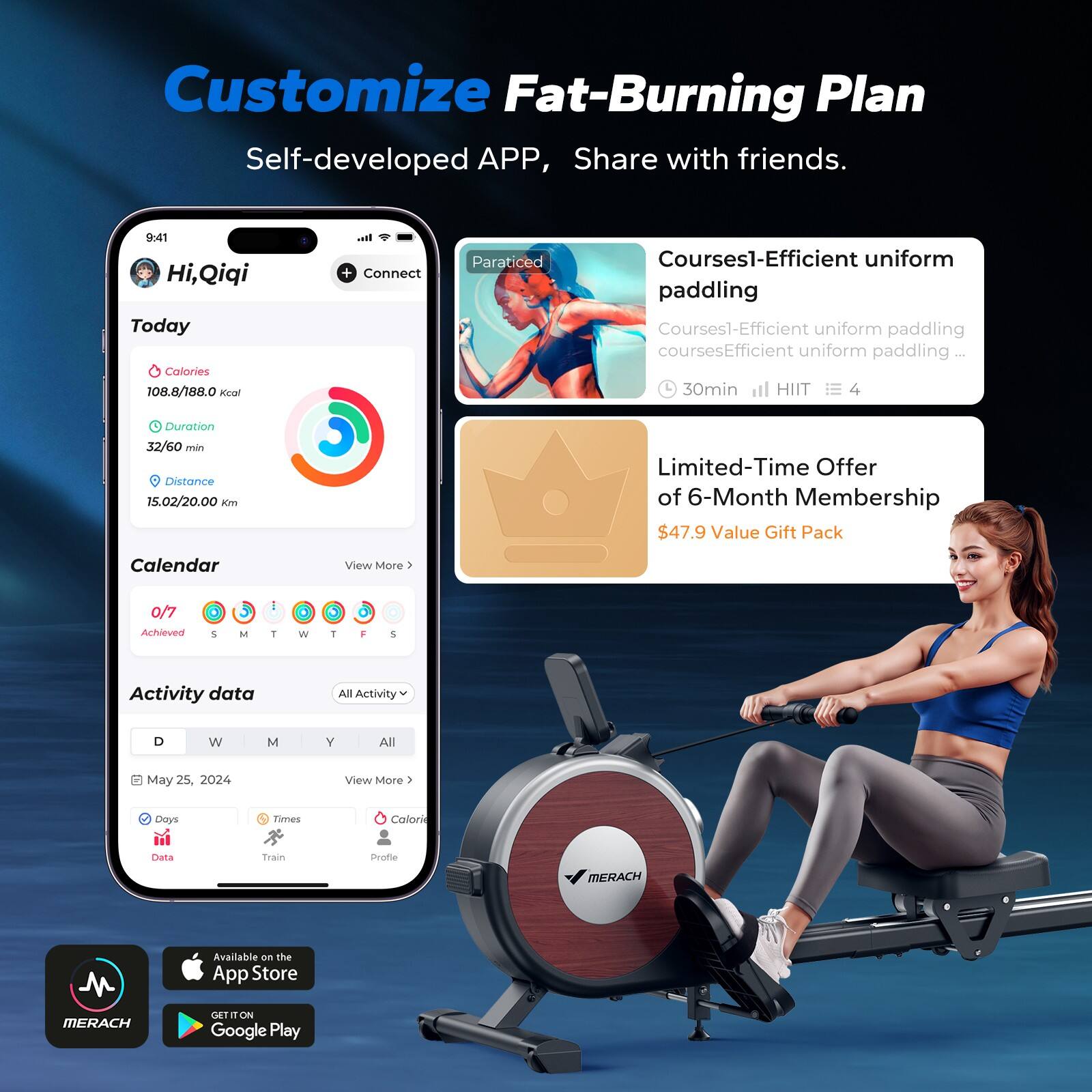 Customize Fat-Burning Plan
Self-developed APP, Share with friends.
Hi, Qiqi
Today
Calories 108.8/188.0 Kcal
Duration 32/60 min
Distance 15.02/20.00 Km
Calendar
0/7 Achieved
Activity data
All Activity
May 25, 2024
Days Times Train Calorie
Participated
Courses1-Efficient uniform paddling
Courses1-Efficient uniform paddling courses
30min HIIT 4
Limited-Time Offer of 6-Month Membership
$47.9 Value Gift Pack
Available on the App Store
GET IT ON Google Play
MERACH