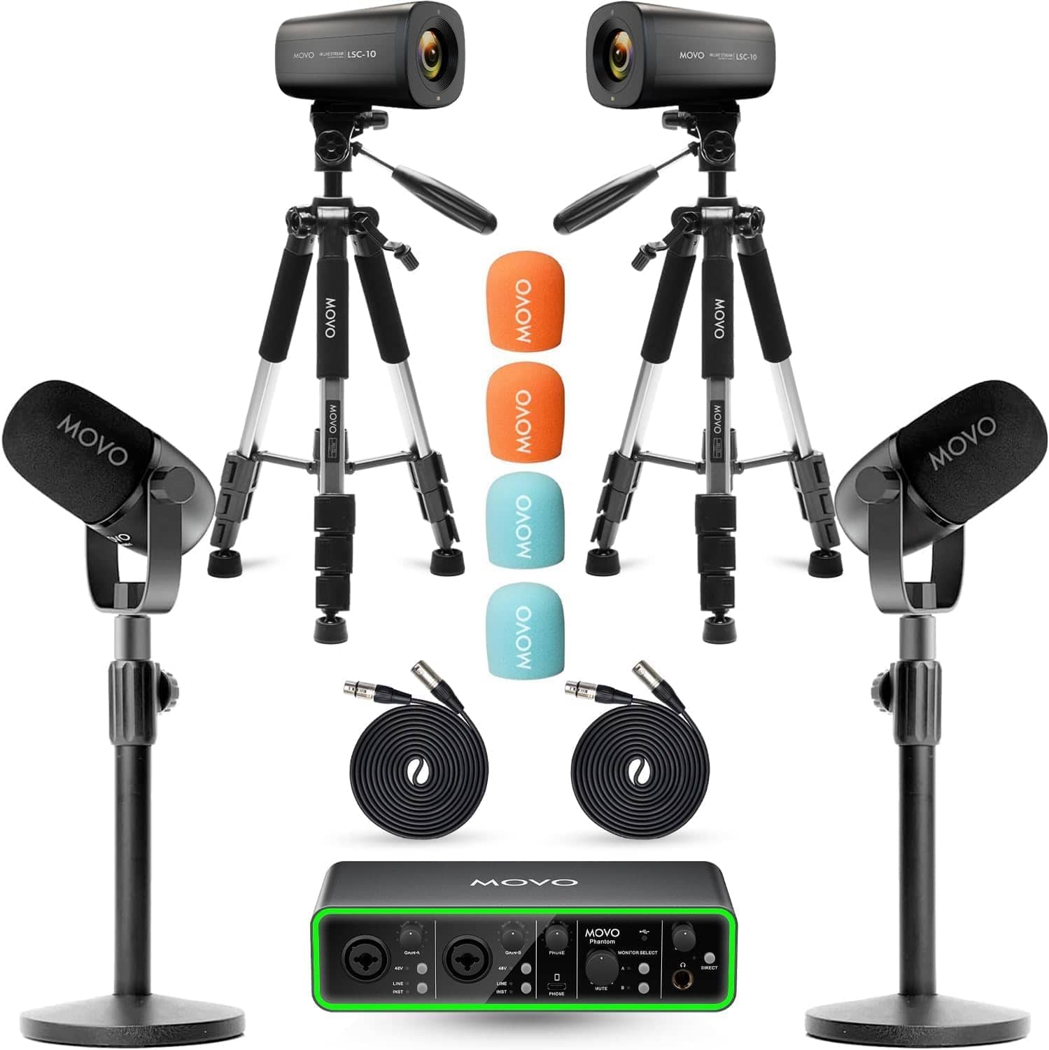 MOVO - Two Person Video Podcast Equipment Bundle - Two 4K Cameras, Audio Interface, 2 Dynamic Mics, 2 Tripods, 2 Stands