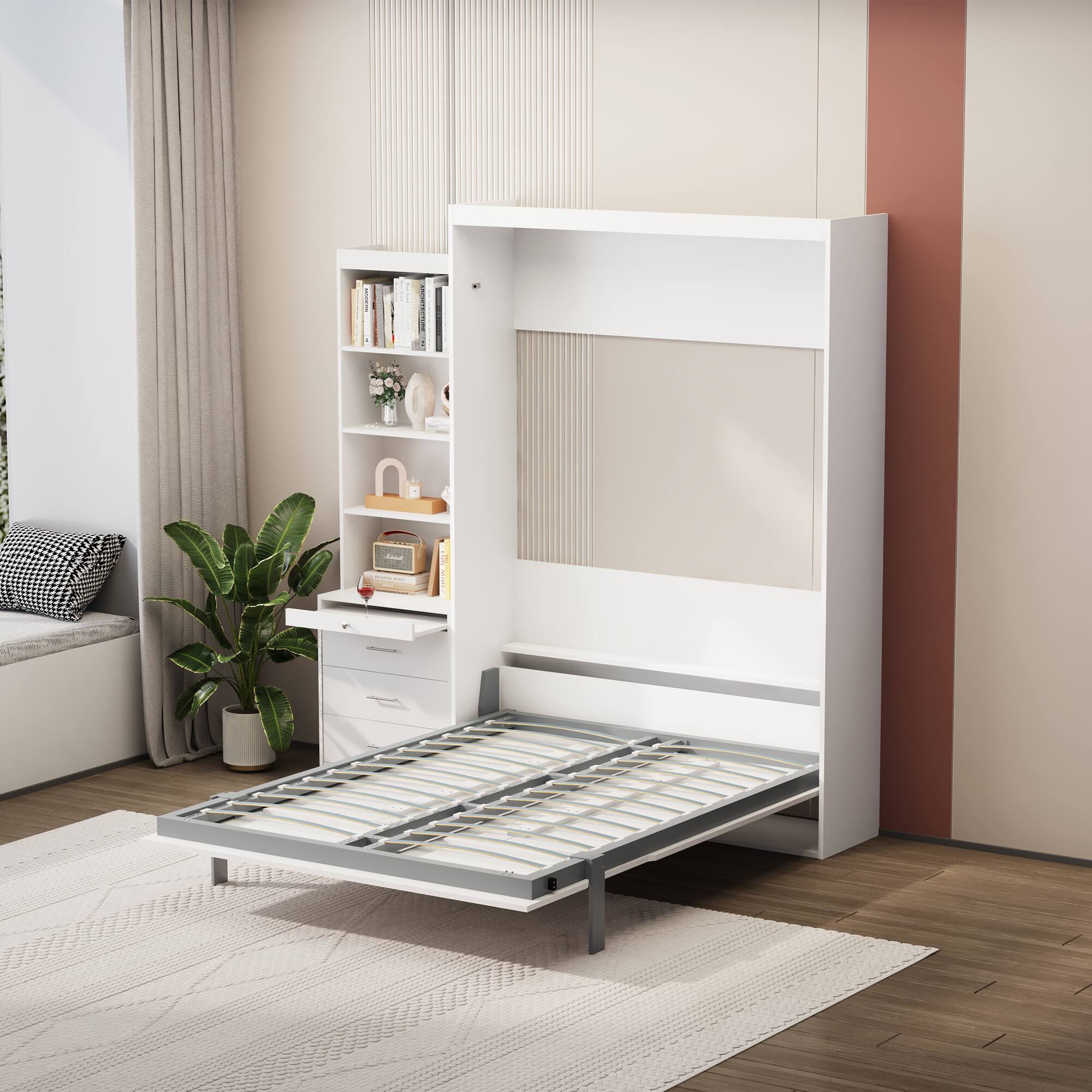 Left. Tiramisubest - Full Size Vertical Murphy Bed, White, Plywood, Space Saving - White.