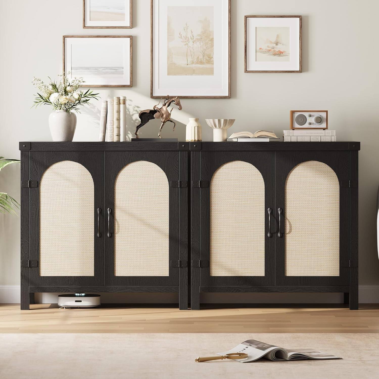 Alt View 1. GARVEE - Farmhouse Sideboard Buffet Cabinet with Rattan Doors,Console Cabinet for Bedroom/Living Room,Black Storage Organizer - Black.